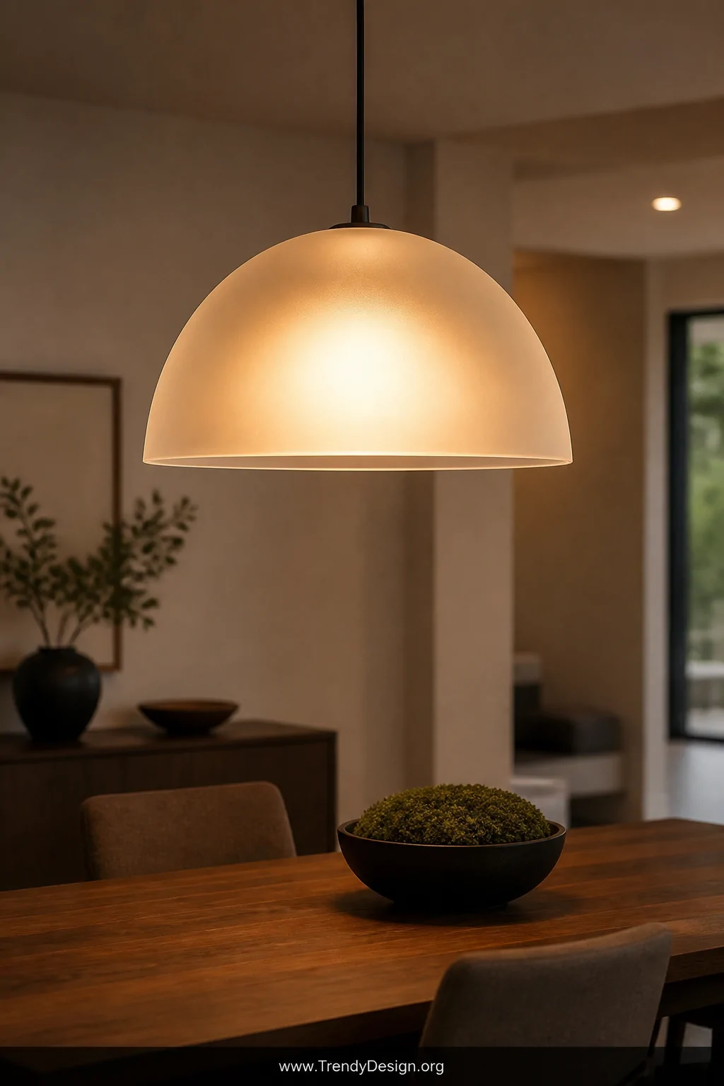 Medium shot of a dining room pendant light fixture made from a custom vacuum-formed frosted PETG dome shade glowing with a wa