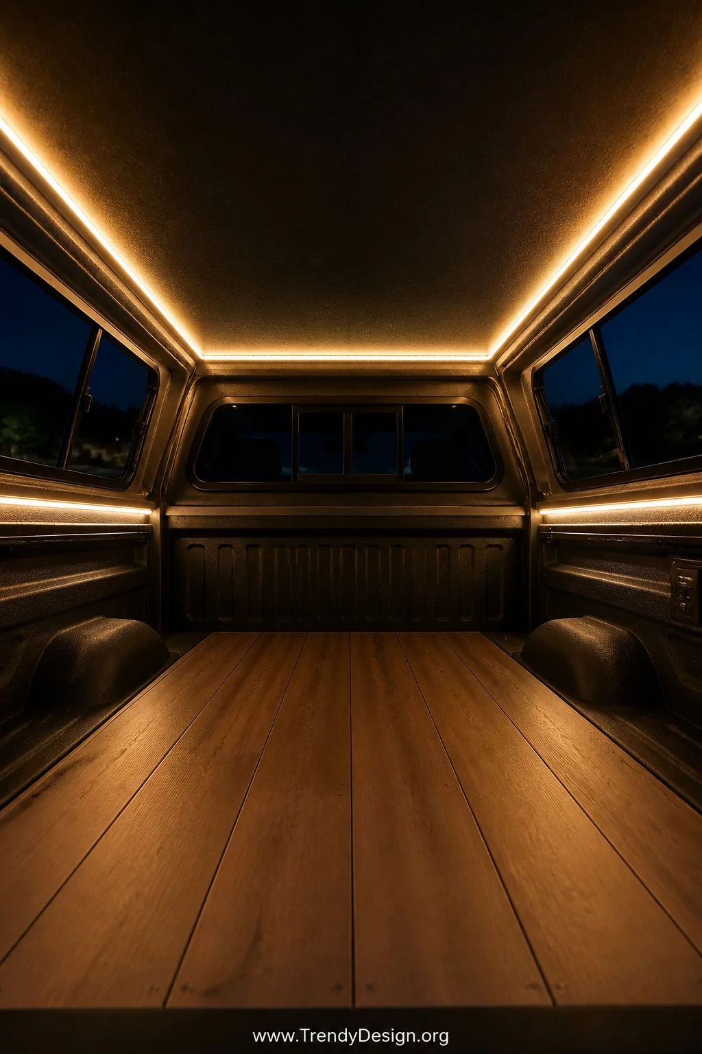 Wide interior shot of a camper shell truck bed at night with warm white LED strip lights (2700K) running seamlessly along all