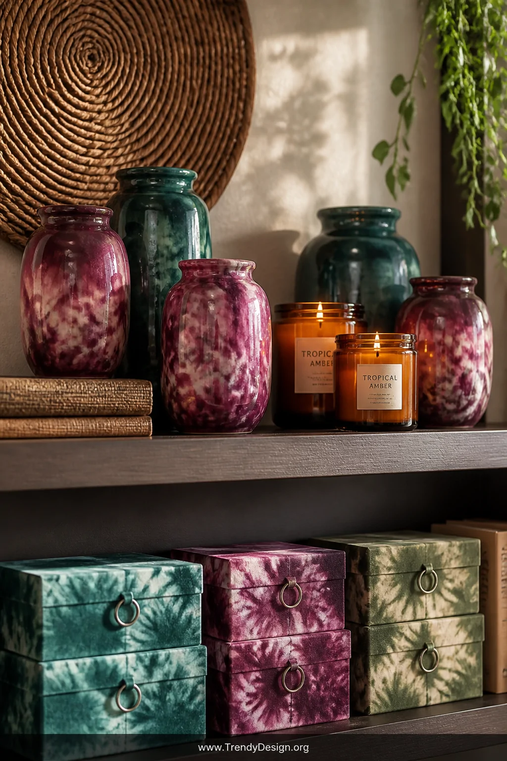 Close-up styled shelf vignette featuring groups of tie dye ceramic vases, amber jar candles, and small tie dye storage boxes 