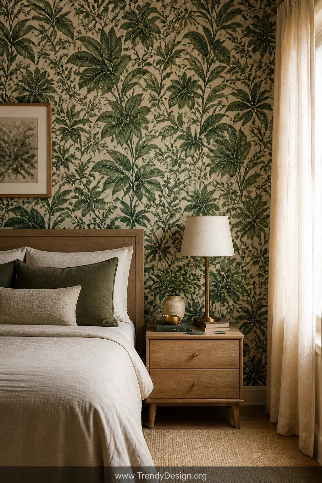 A cozy bedroom wall covered in lush peel-and-stick botanical print wallpaper in emerald green and cream, a credit card tool r