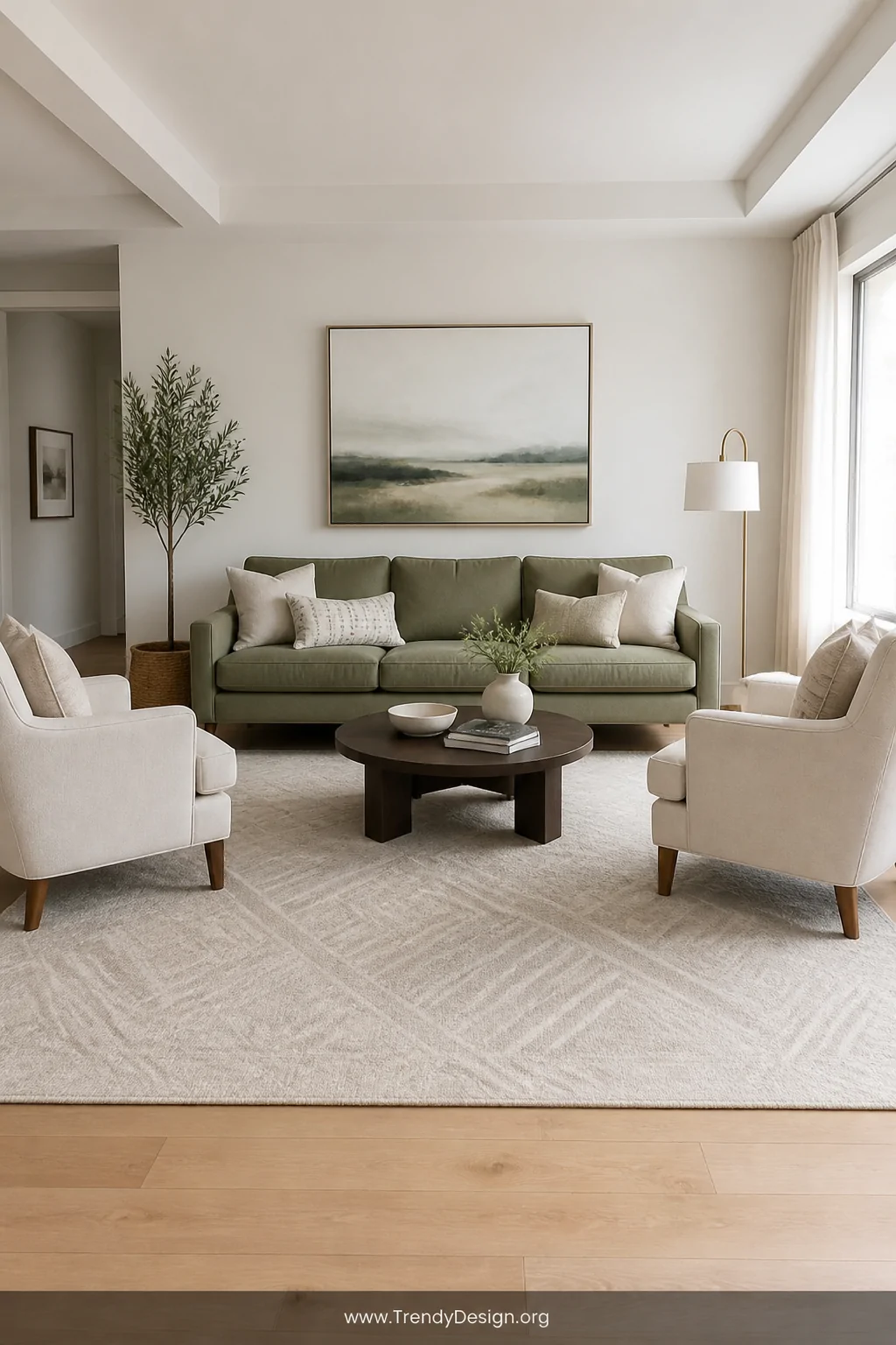 Wide photorealistic shot of a compact living room with a generously sized low-pile area rug in soft warm ivory with a subtle 