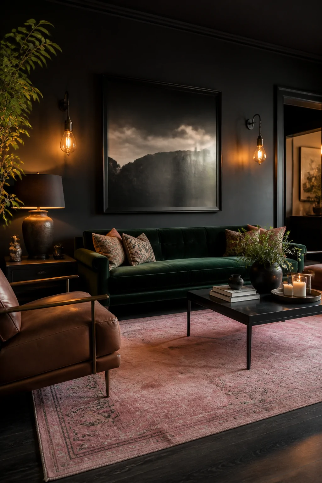 Wide photorealistic interior shot of a moody dramatic living room with deep charcoal walls and a warm pink area rug anchoring