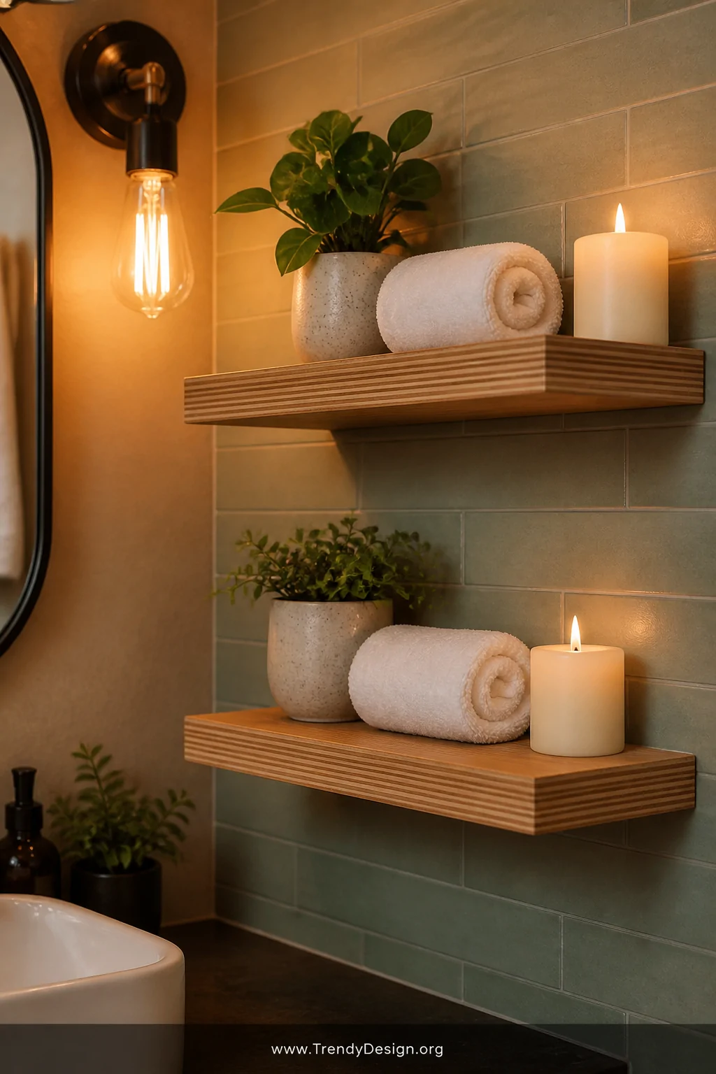 A medium bathroom shelf shot showing two laminated floating wood slat shelves mounted with hidden brackets on a soft sage gre