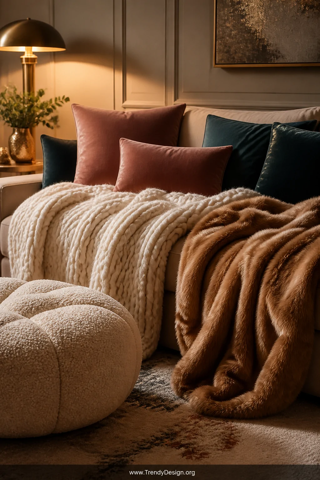 Close-up medium shot of a richly layered sofa piled with a chunky cream knit throw as the centerpiece, a draping caramel faux