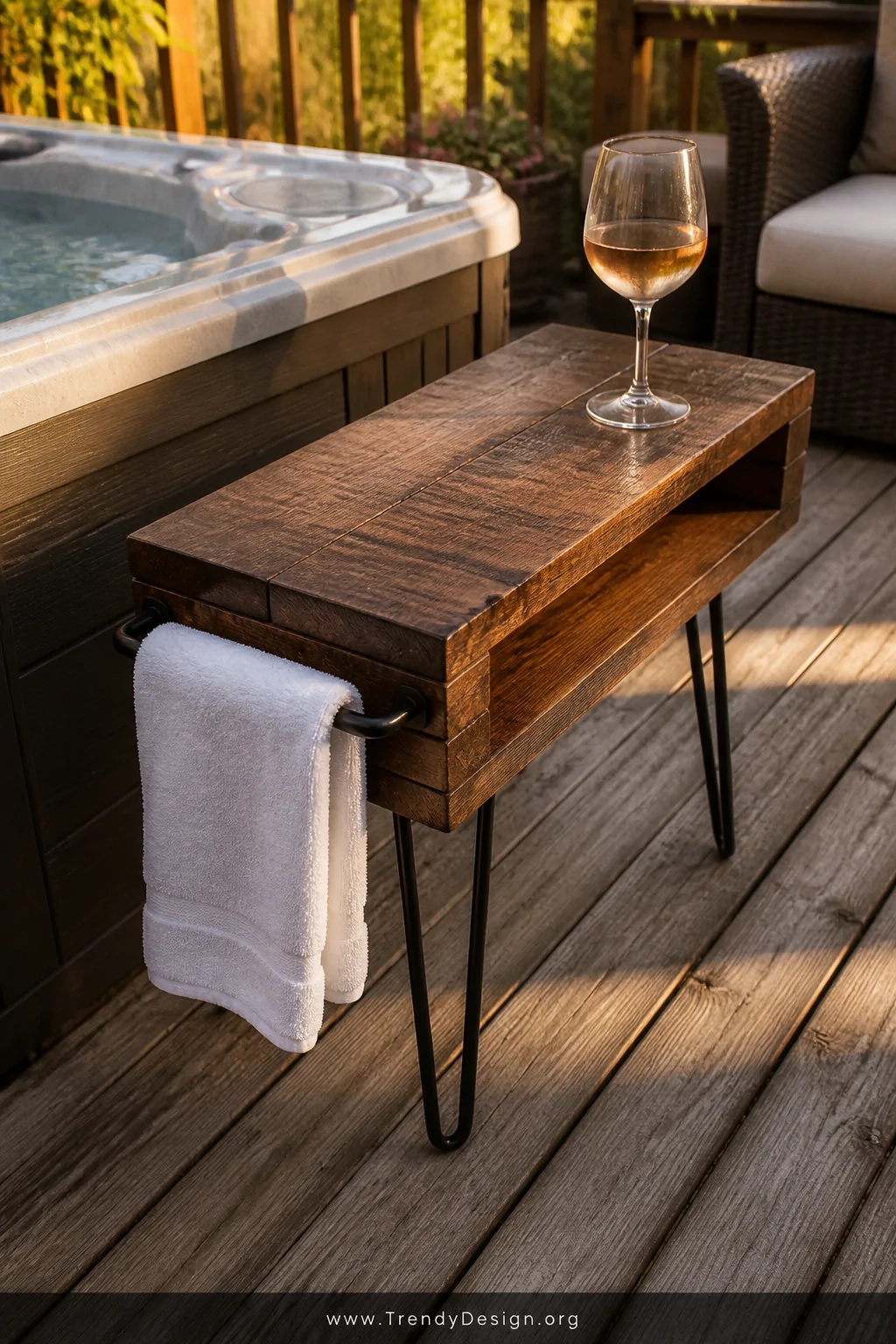A medium photorealistic shot of a rustic pallet wood side table positioned beside a hot tub on a weathered deck, the surface 
