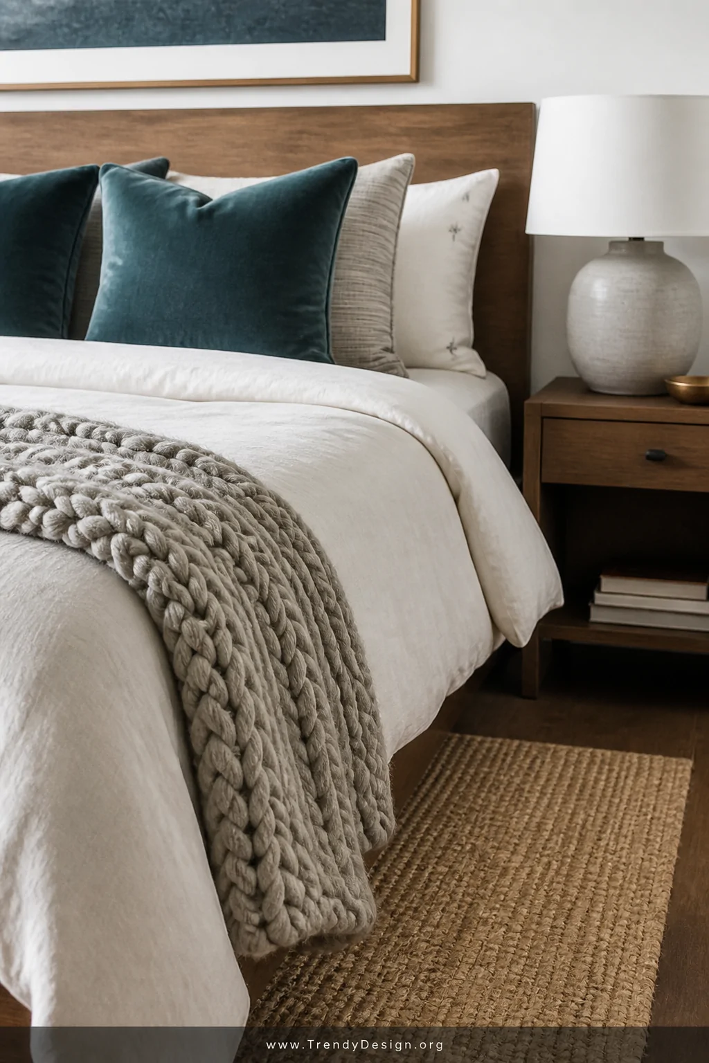Close-up detail shot of a styled boys bed with richly layered textures including a smooth linen duvet in warm white, a chunky