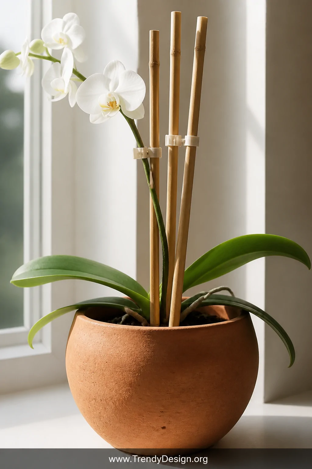 A close-up detail shot of a slender natural bamboo stake inserted into a round terracotta orchid pot, soft orchid clips secur
