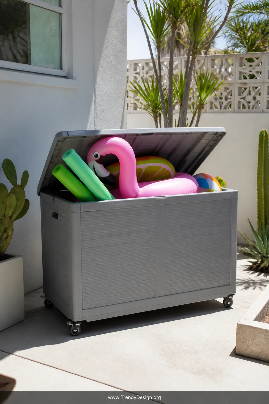 A medium shot of a large UV-resistant resin storage bin in cool gray with a fitted lid and visible locking wheel brakes on a 