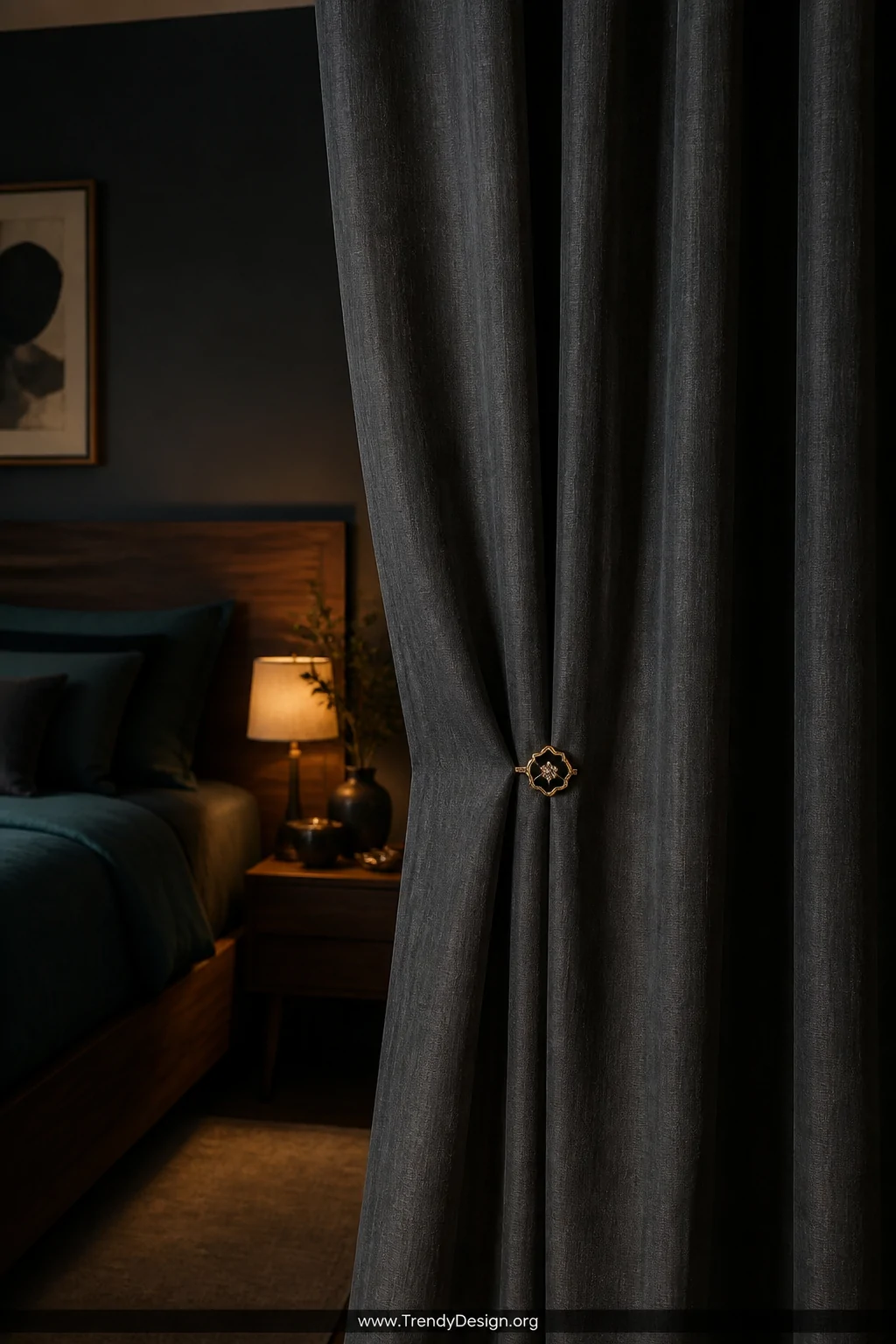 Medium shot of floor-length charcoal linen blackout curtains in a moody bedroom, two panels clipped together at the center se