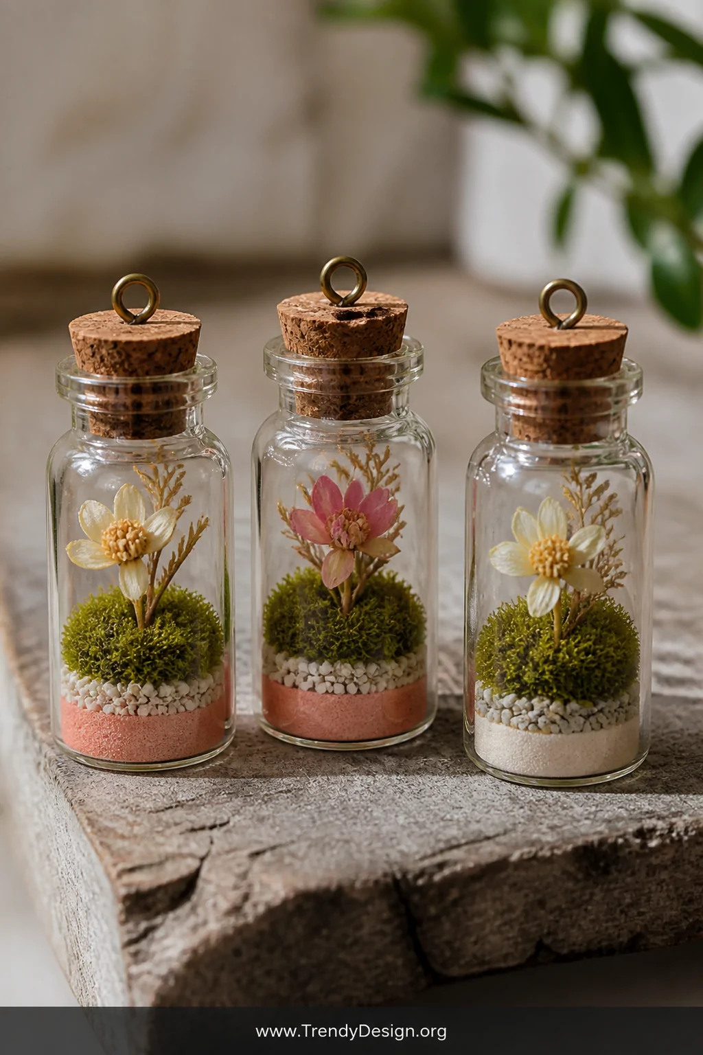 A close-up macro shot of three tiny glass cork-sealed bottle charms resting on a weathered wooden surface, each layered with 