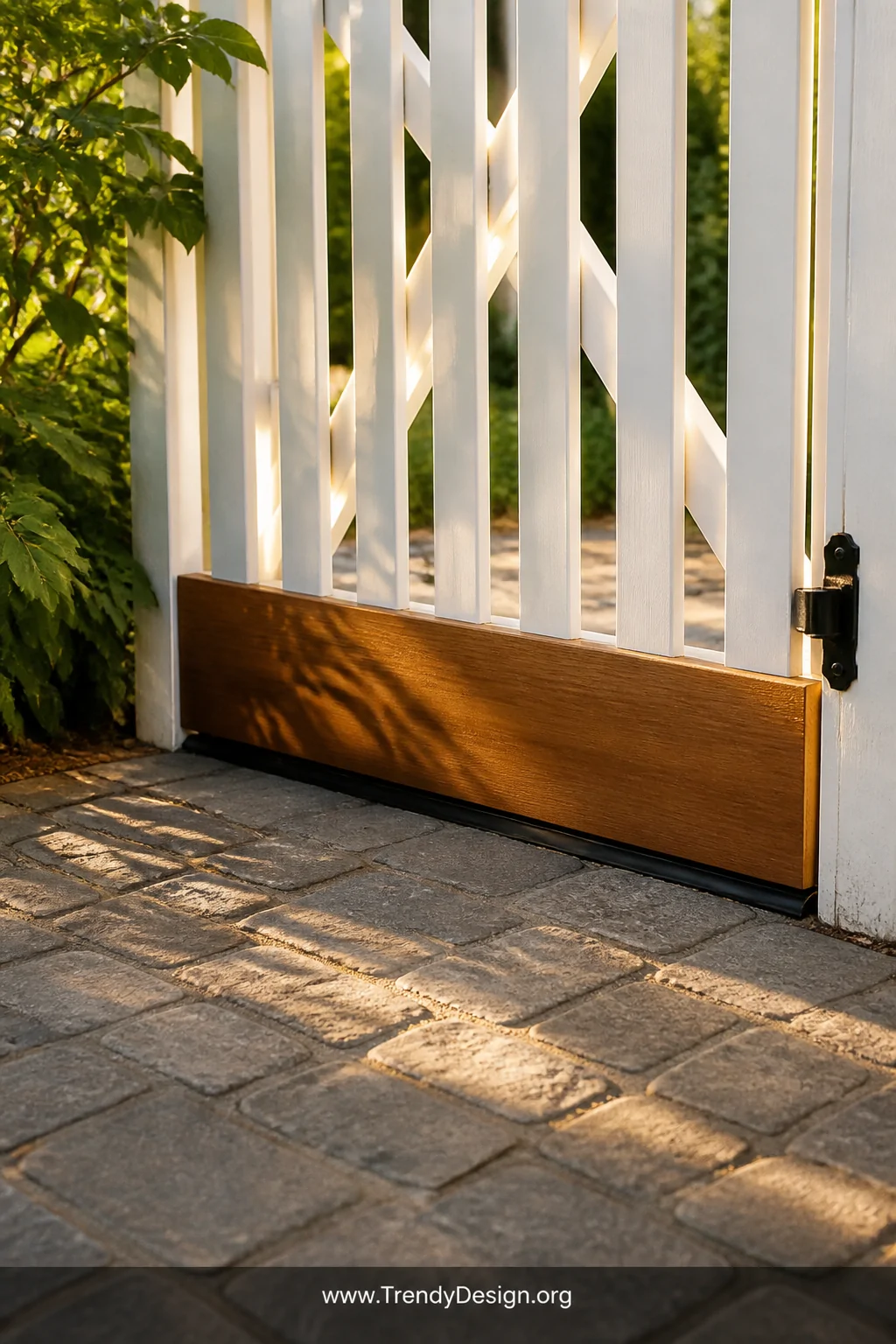 Medium outdoor shot of a pressure-treated wooden kickboard installed along the base of a white-painted picket fence gate, the