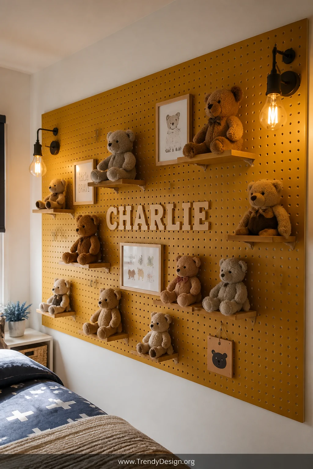 Medium shot of a child's bedroom wall showcasing a large rectangular pegboard painted in bold mustard yellow, mounted flush a