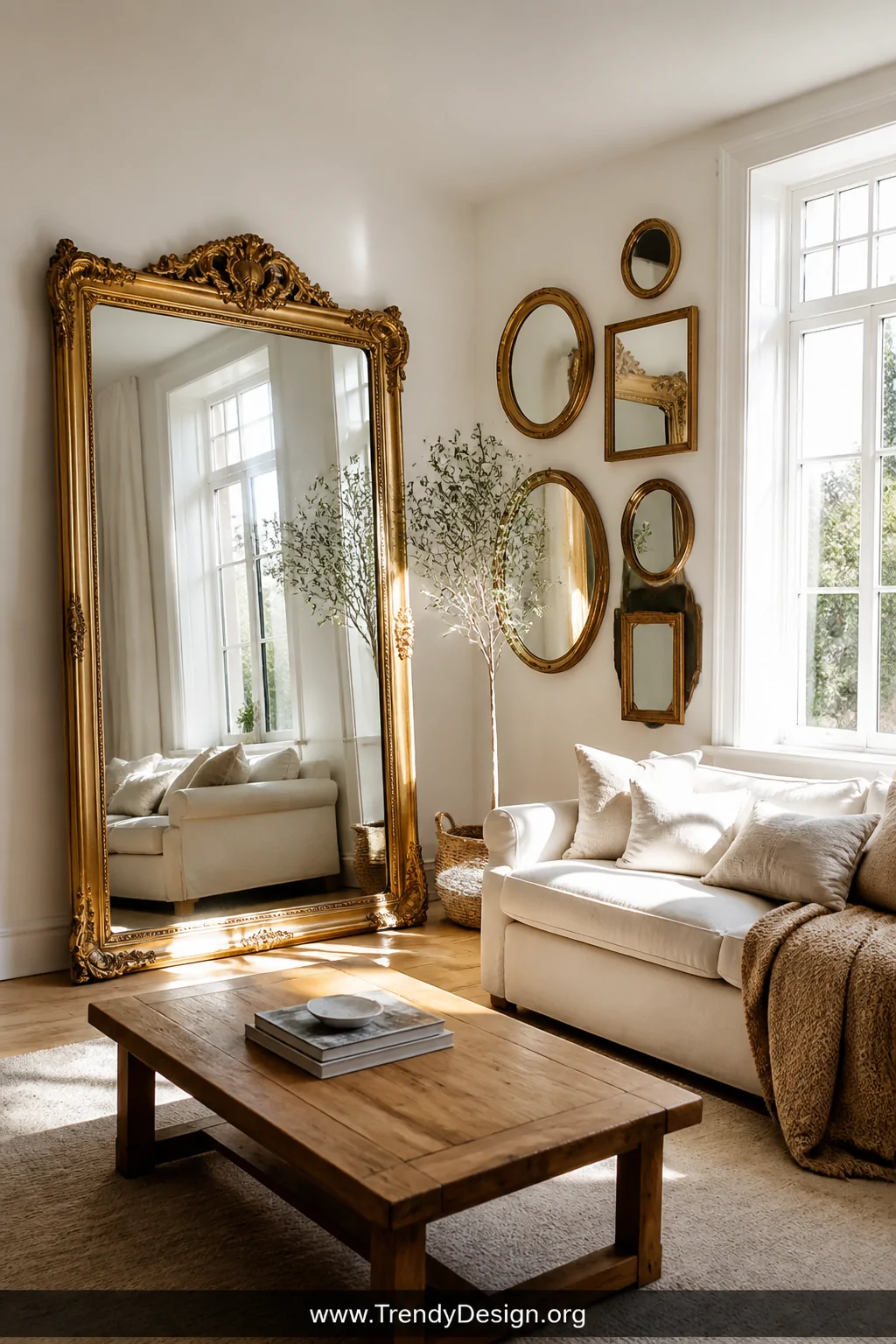 Wide photorealistic interior shot of a small living room anchored by an oversized ornate floor mirror leaning casually agains