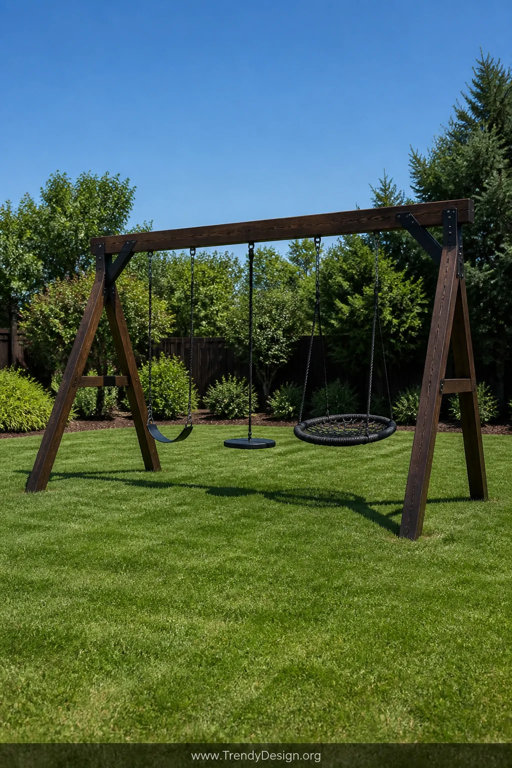 Medium photorealistic shot of a well-built backyard swing set featuring a traditional belt swing, a circular disc swing, and 