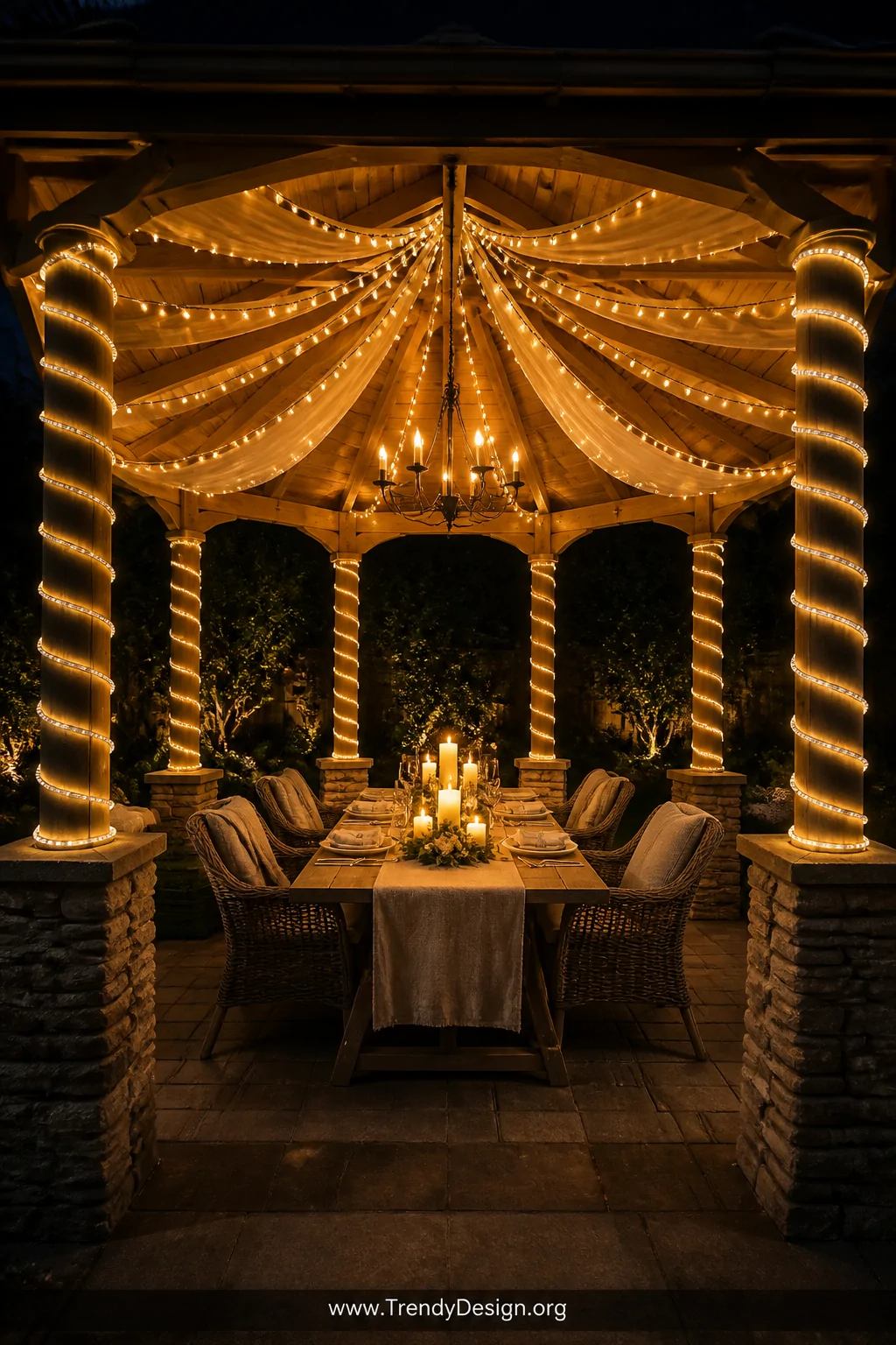 A wide dramatic night shot of a fully layered gazebo with rope lights spiraling up each post, a warm Edison canopy draped ove