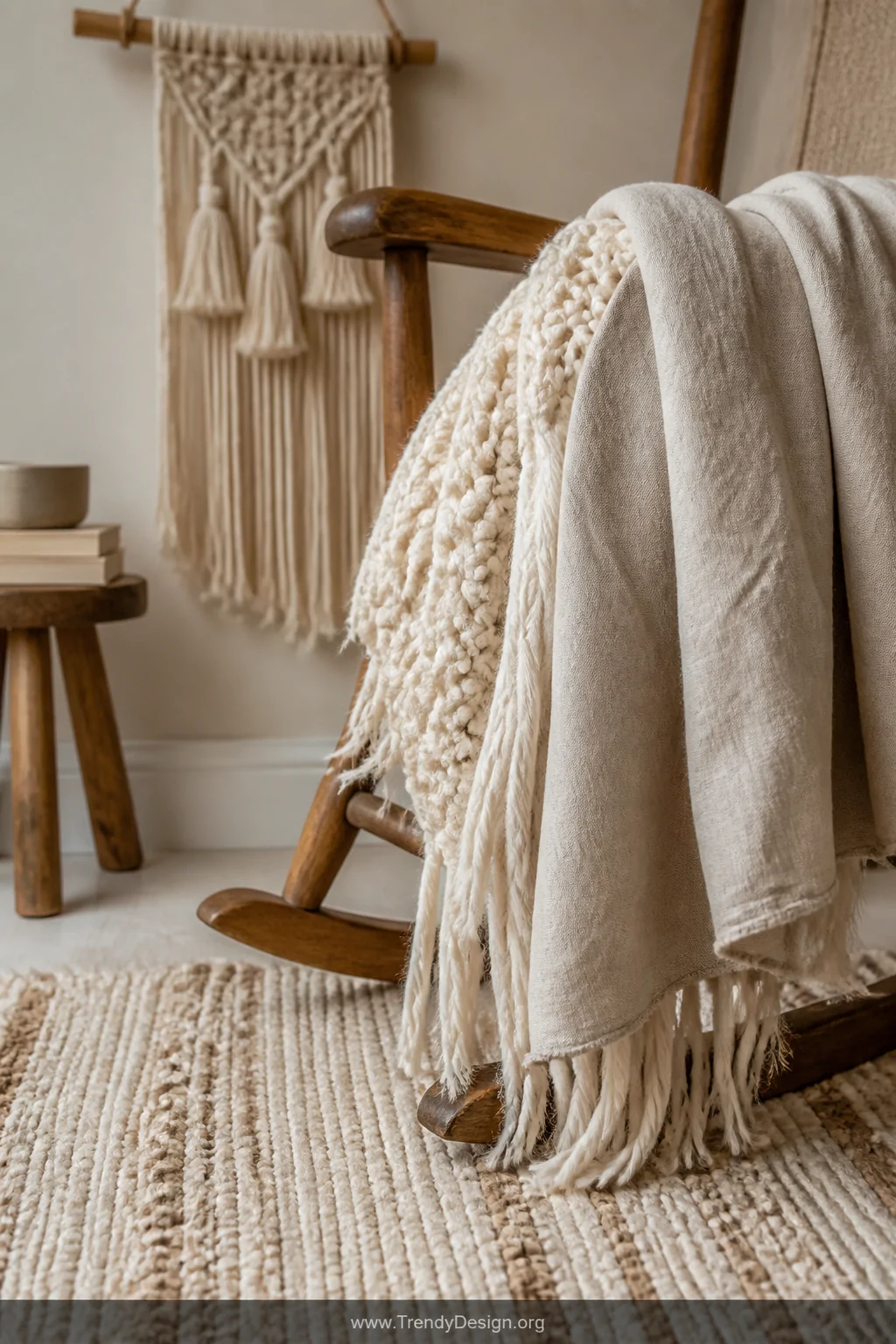 Close-up detail shot of layered DIY nursery textiles draped over a wooden rocking chair arm, showcasing a chunky hand-knotted