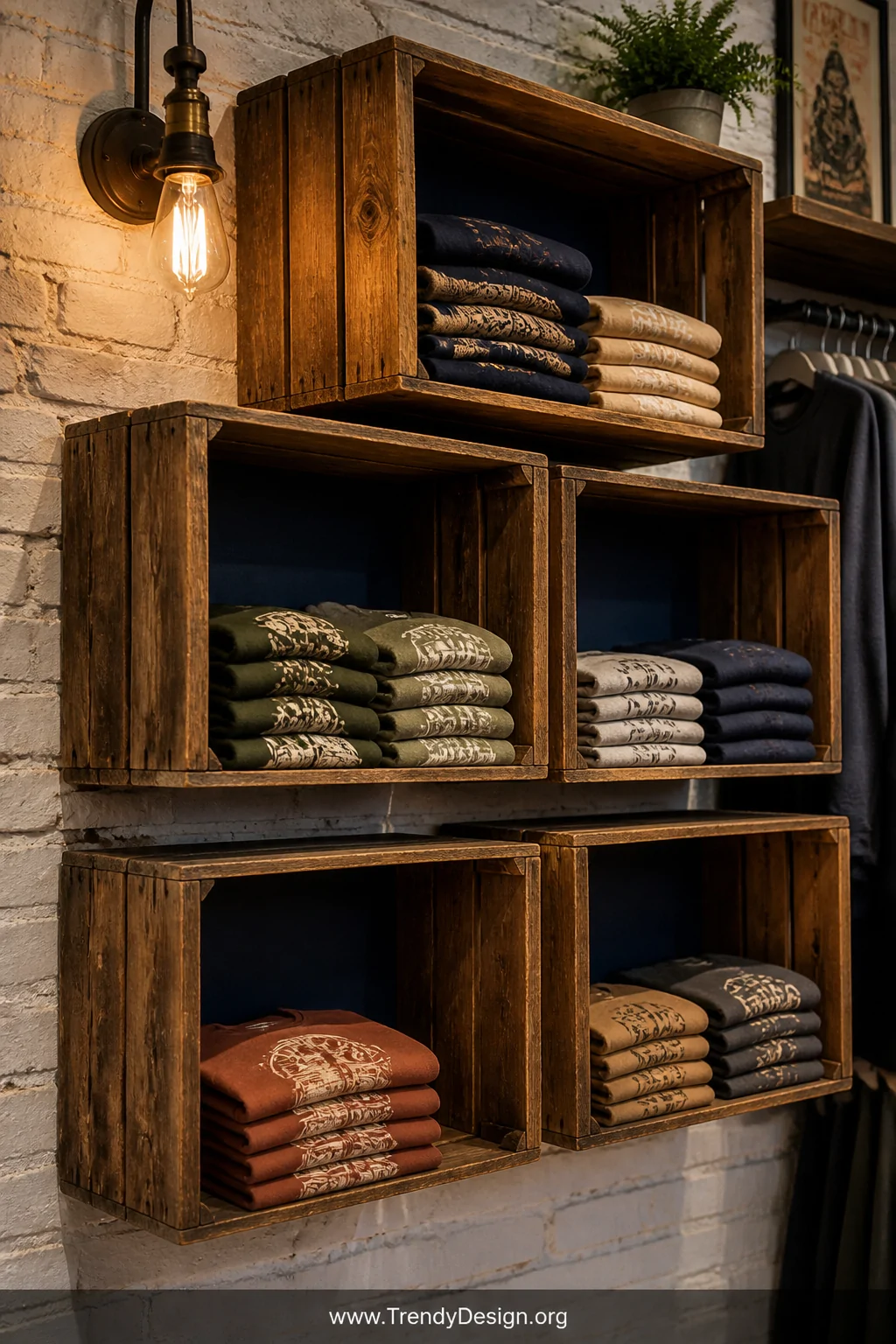 A medium shot of stacked vintage wooden crates mounted on a white brick wall as floating shelves, interiors lined with navy b