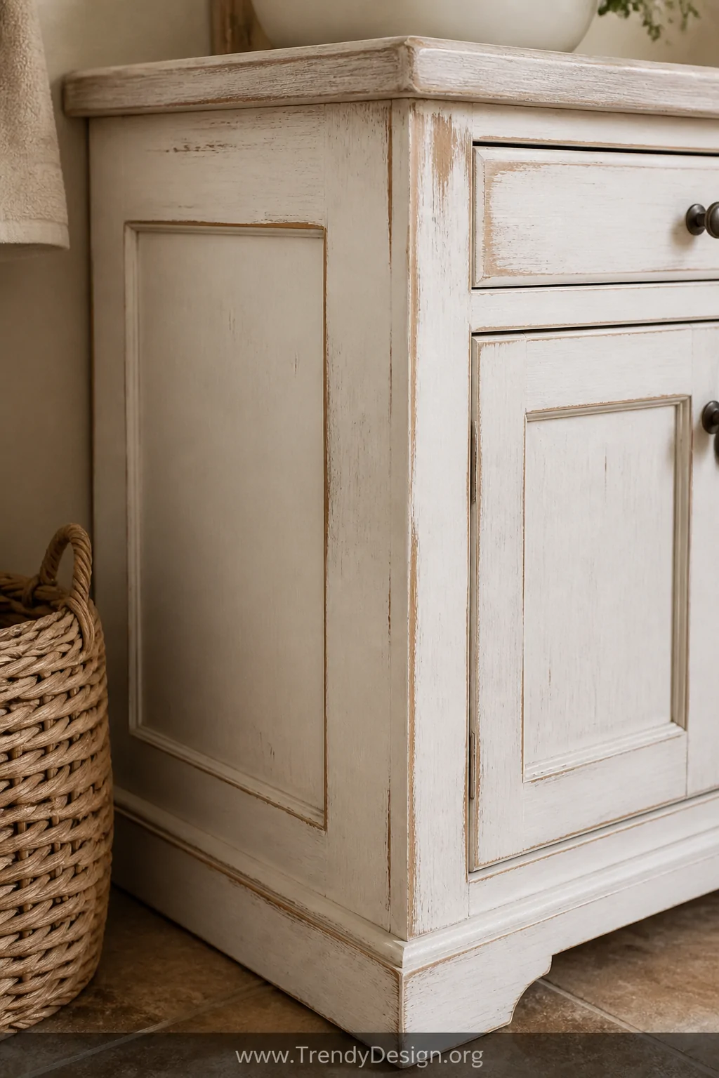 Close-up detail shot of a distressed farmhouse-style bathroom cabinet corner painted in creamy white over a warm wood base, e