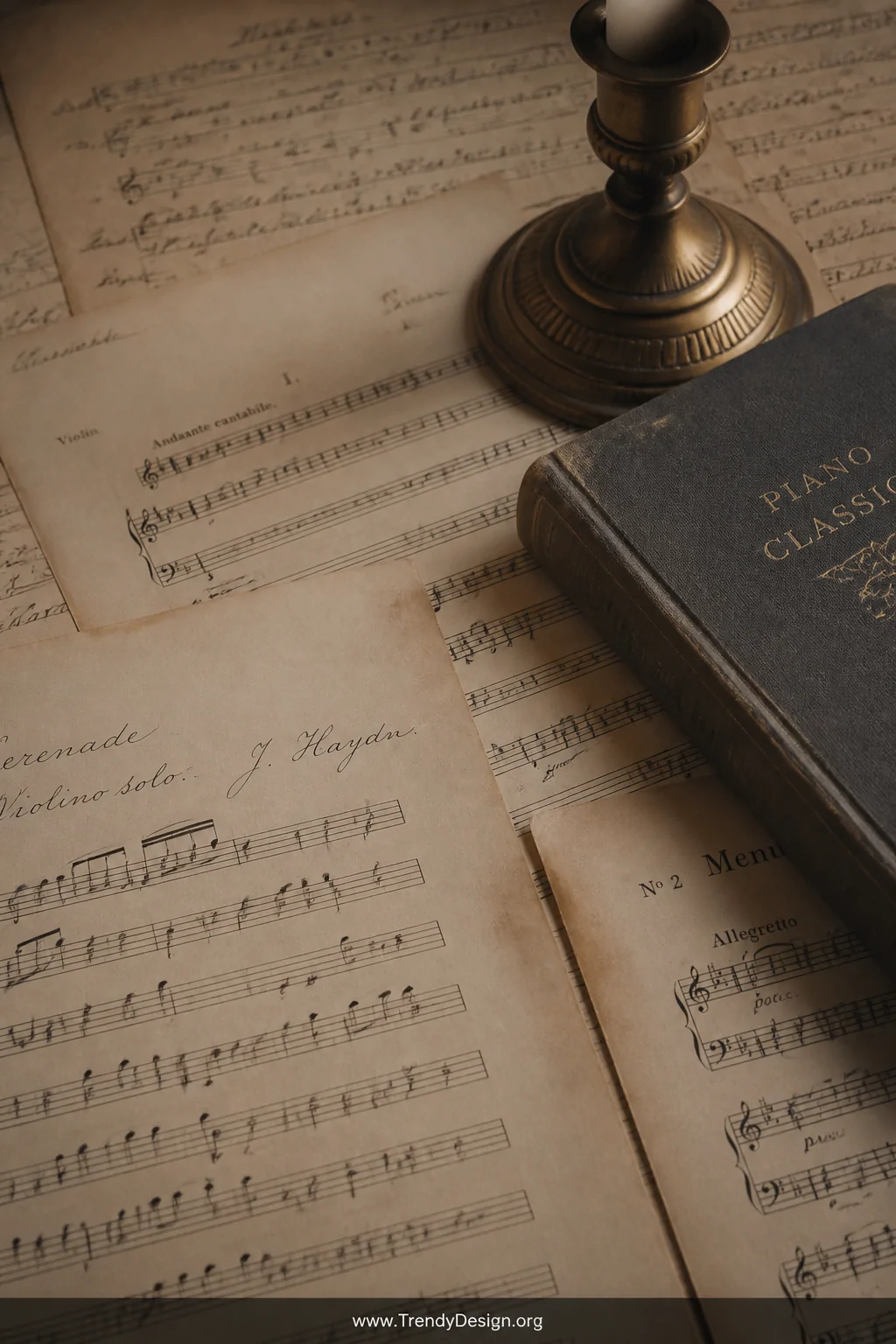 A closeup shot of a coffee table surface layered with aged sheet music pages arranged at slightly varied angles, mixing handw