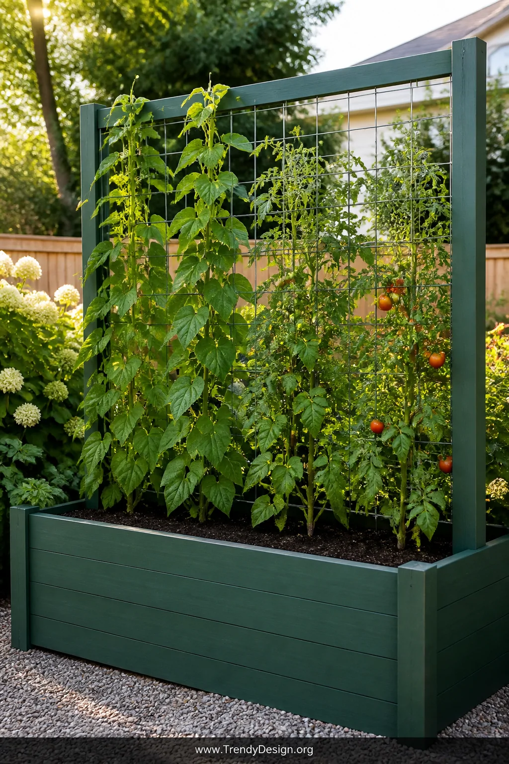 A medium shot of a raised garden bed with a natural wood frame painted deep forest green, a hog wire trellis panel bolted ver