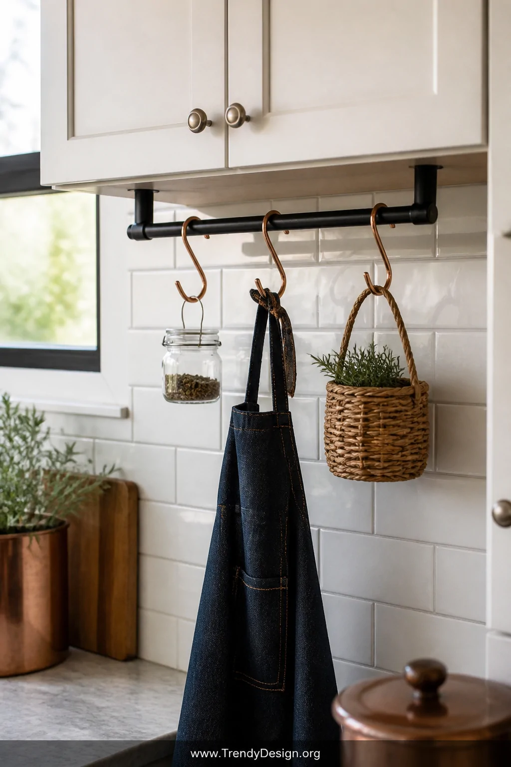 Medium shot of a matte black curtain rod mounted beneath an upper kitchen cabinet, three copper S-hooks sliding along its len