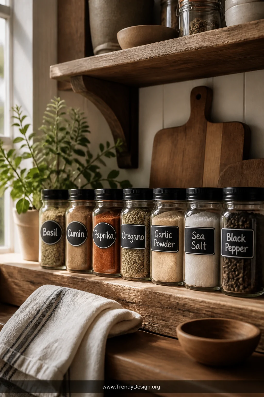 A medium shot of a farmhouse kitchen shelf displaying a row of glass spice jars with round and rectangular black chalkboard s