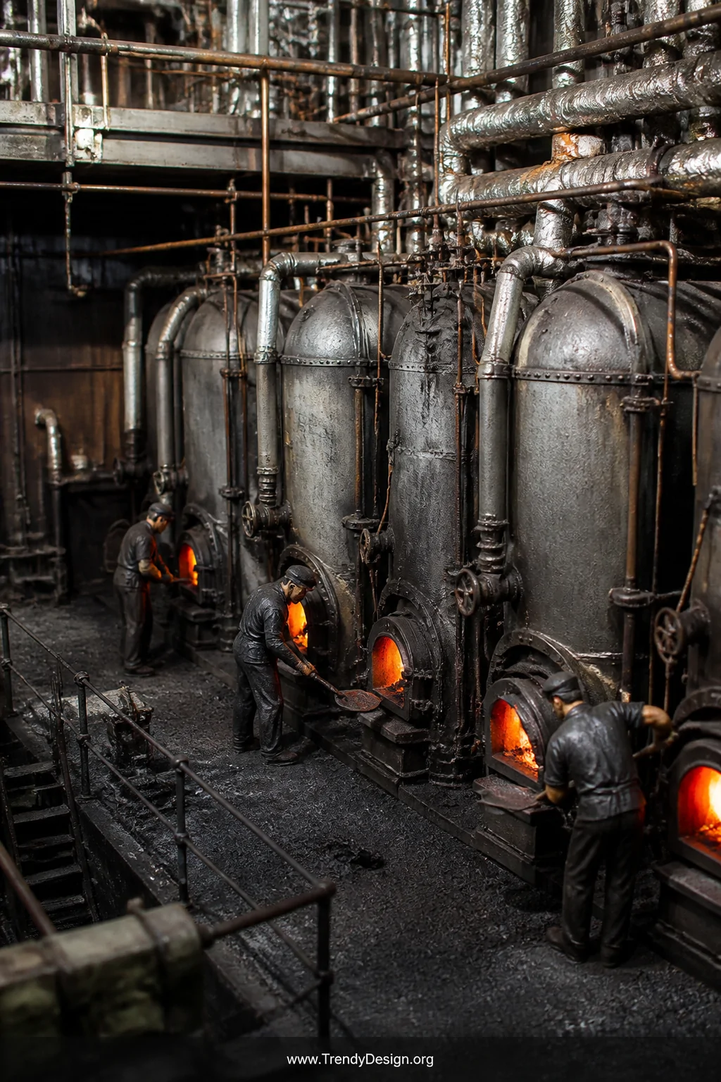 A medium industrial shot of a Titanic engine room diorama featuring toilet paper tube boiler cylinders painted metallic gray,