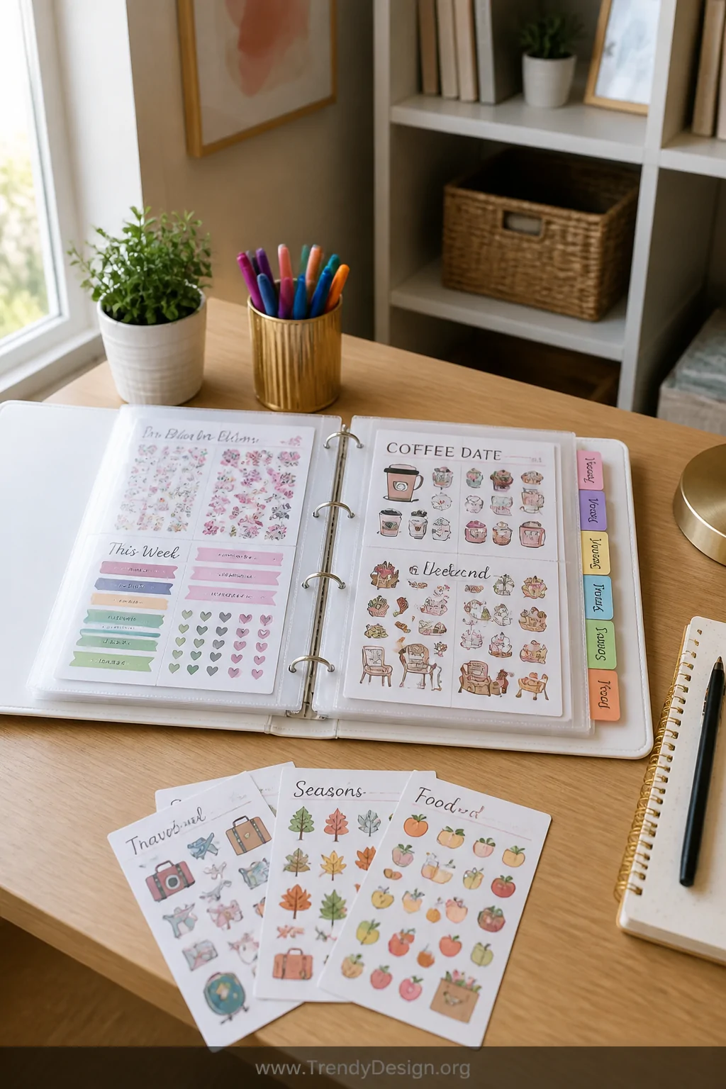 A wide shot of a tidy craft desk featuring an open white three-ring binder filled with frosted plastic pocket sleeves holding