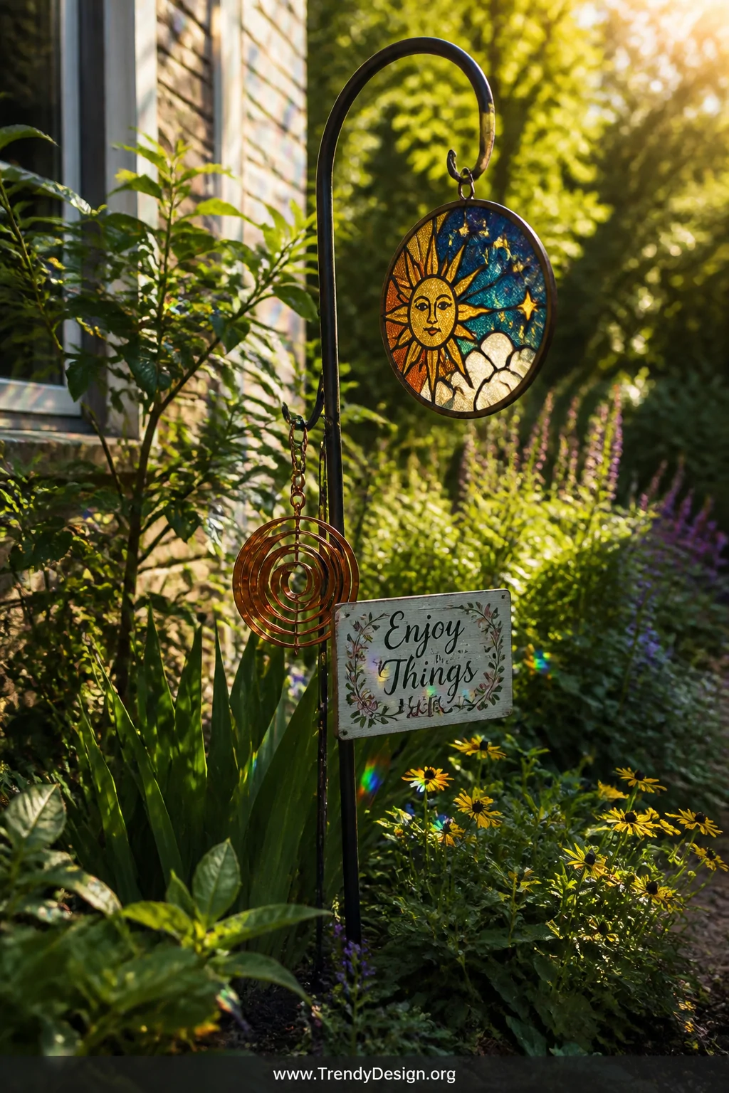 A closeup detail shot of a single curved black shepherds hook anchored in a lush garden bed, showcasing a hanging stained gla