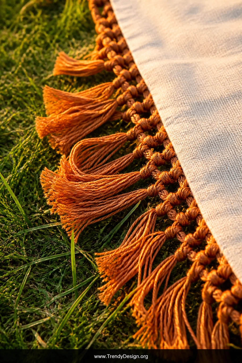 A detail macro shot of the edge of a cotton picnic blanket with long knotted macramé-style boho fringe in contrasting rust or