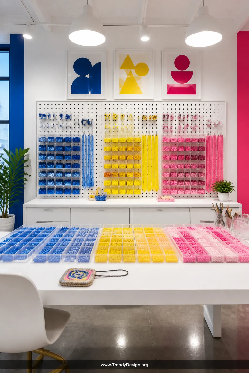Wide shot of a bold contemporary craft studio workspace with a bright white pegboard backdrop displaying organized sections o