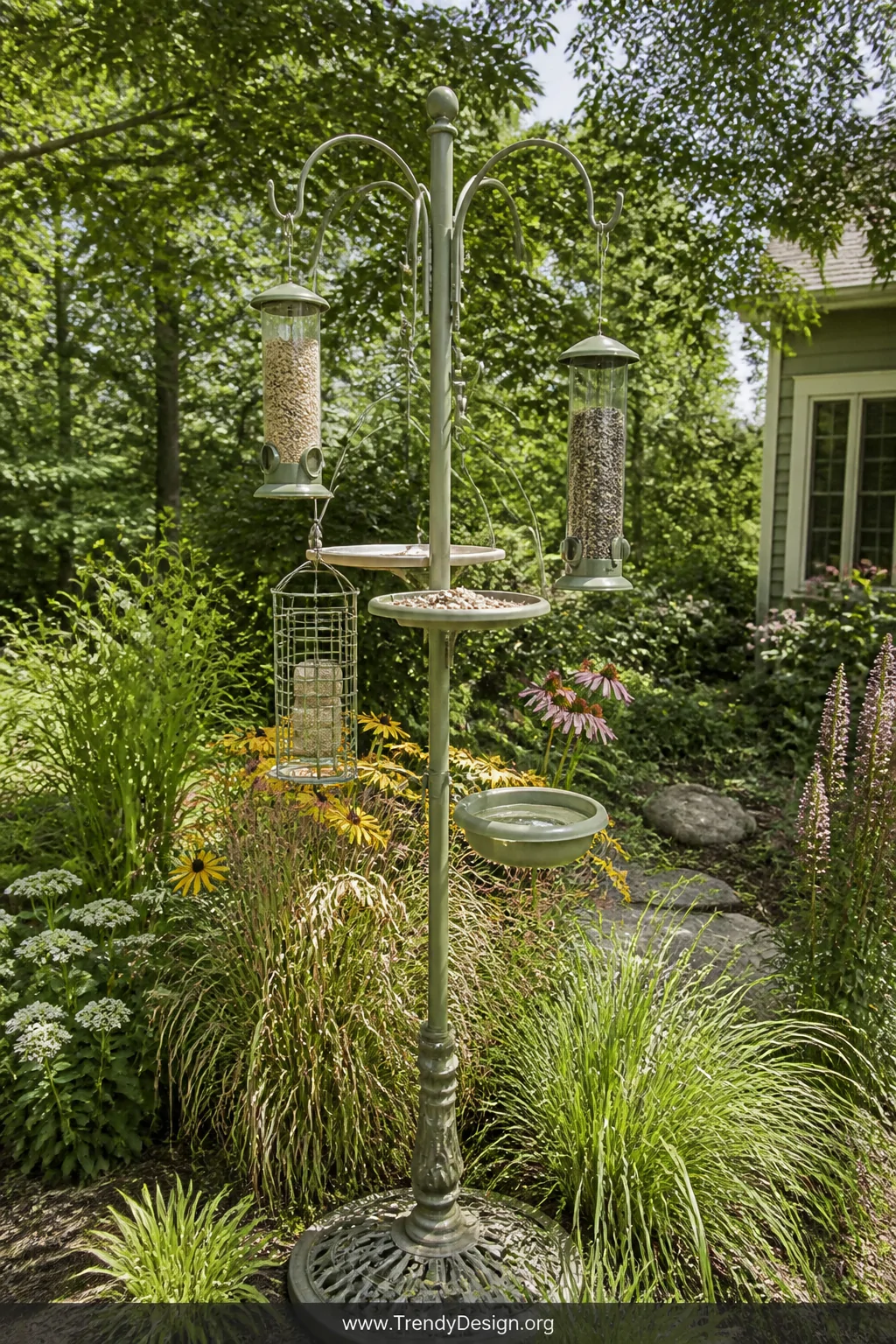 A medium-wide garden shot of a multi-arm shepherds hook bird feeding station painted in coordinating sage green and cream ton