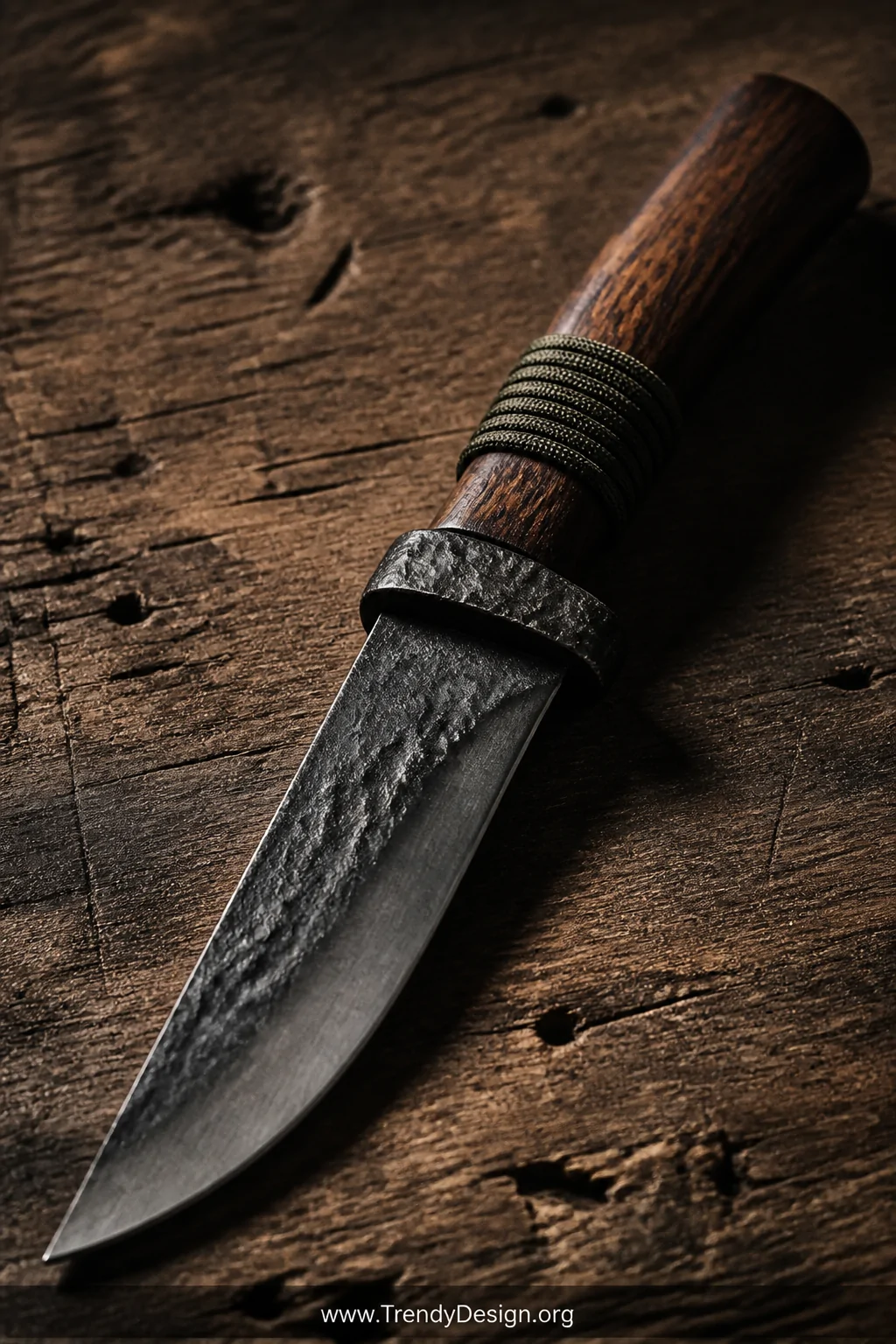 Close-up detail shot of a hand-forged railroad spike knife resting on a weathered oak workbench, the thick dark iron blade tr