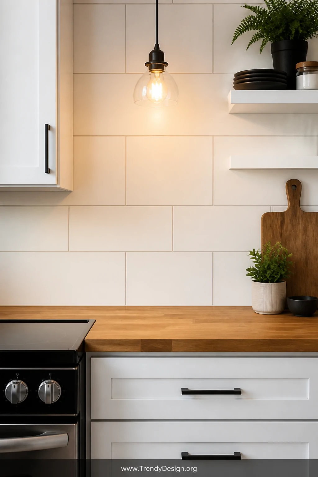 Medium shot of a budget kitchen transformation featuring a crisp painted backsplash in warm white semi-gloss with a hand-tape