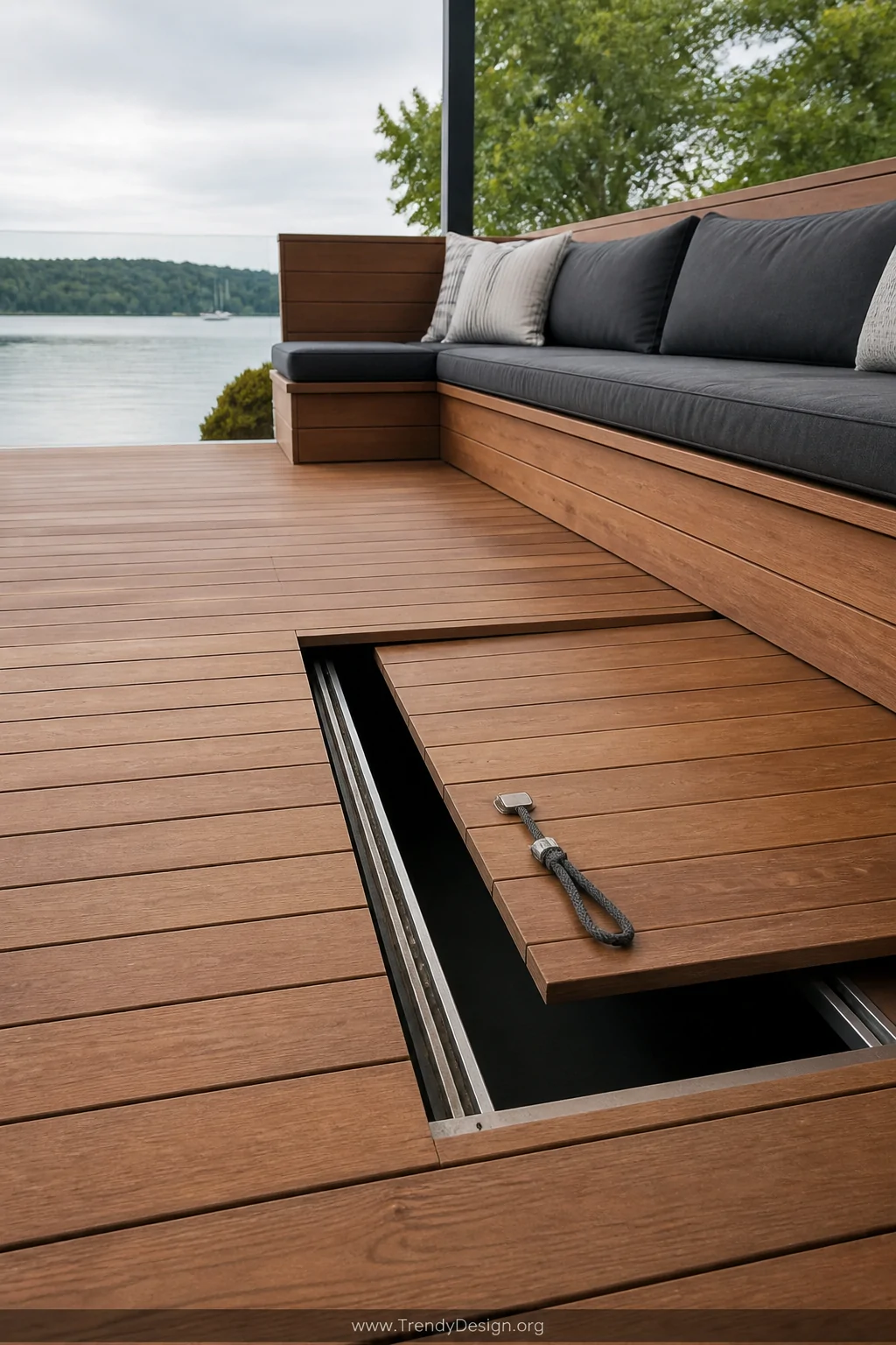 Wide shot of a deck with a sliding panel trap door partially open along concealed stainless steel tracks beneath the surround