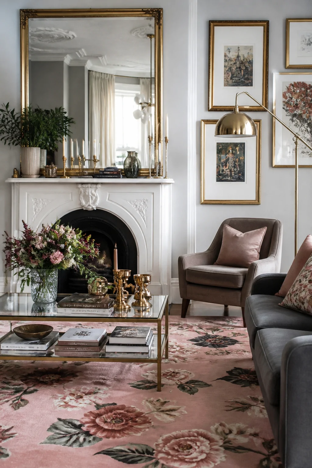 A wide photorealistic living room scene anchored by a pink floral rug, with a large oversized gold-framed mirror mounted abov