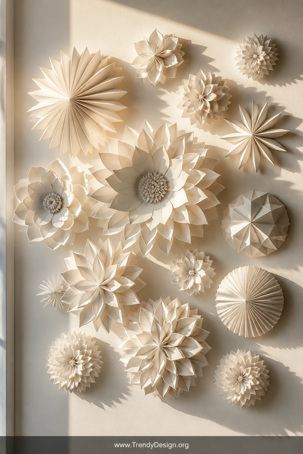 Dramatic closeup shot of a sculptural 3D paper art installation mounted on a warm white wall, featuring fifteen monochromatic
