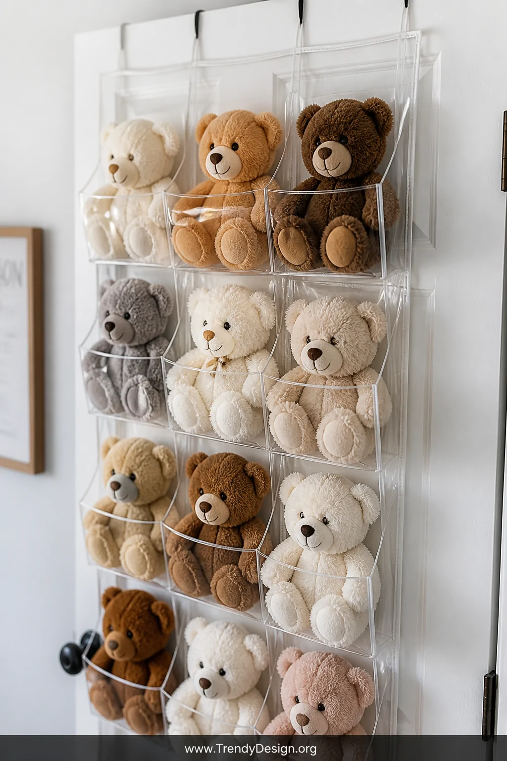 Close-up detail shot of a clear plastic over-the-door hanging shoe organizer mounted on a white painted bedroom door, each tr