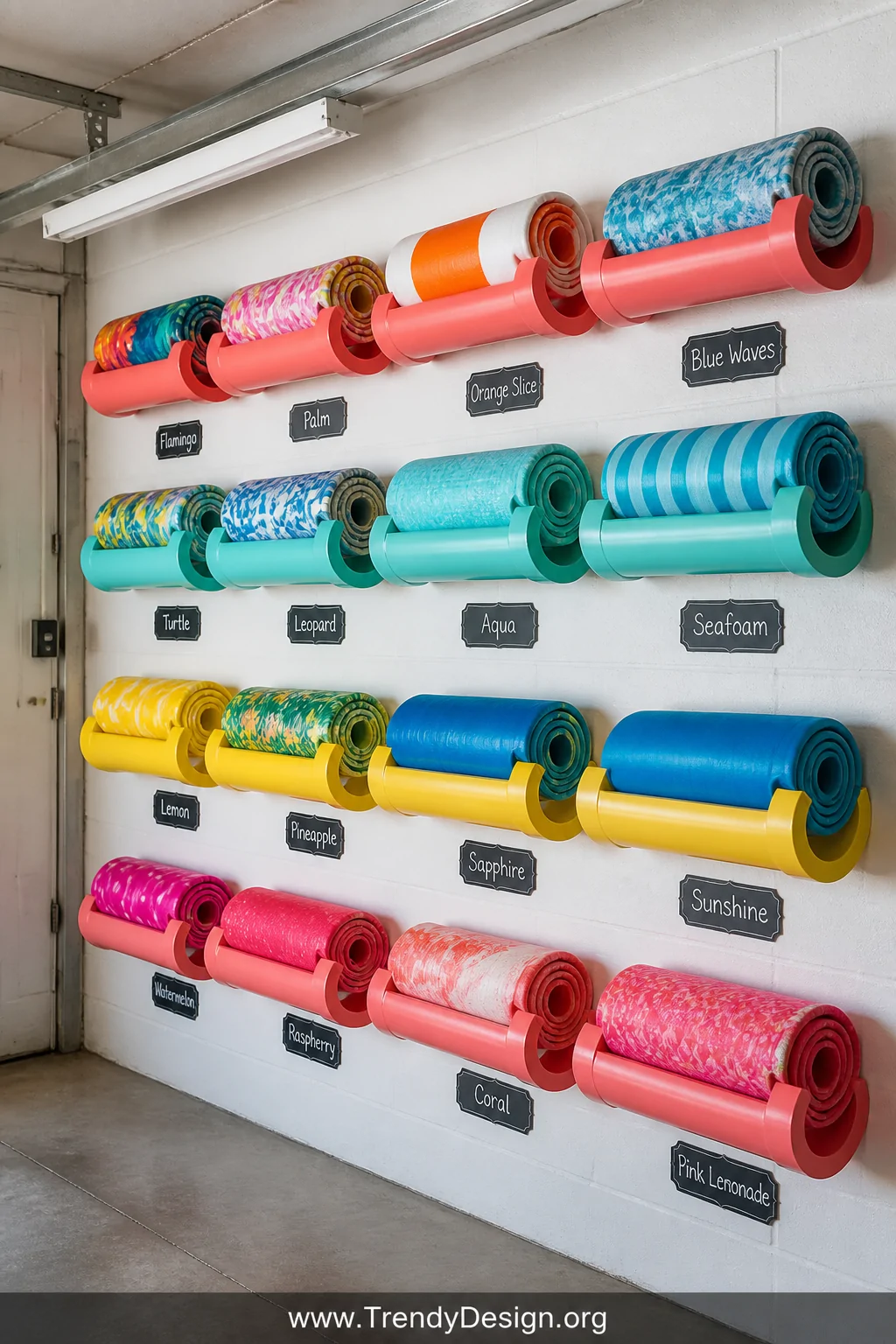 Medium shot of a garage wall lined with staggered horizontal PVC pipe hooks painted in coral, aqua, and sunshine yellow, each