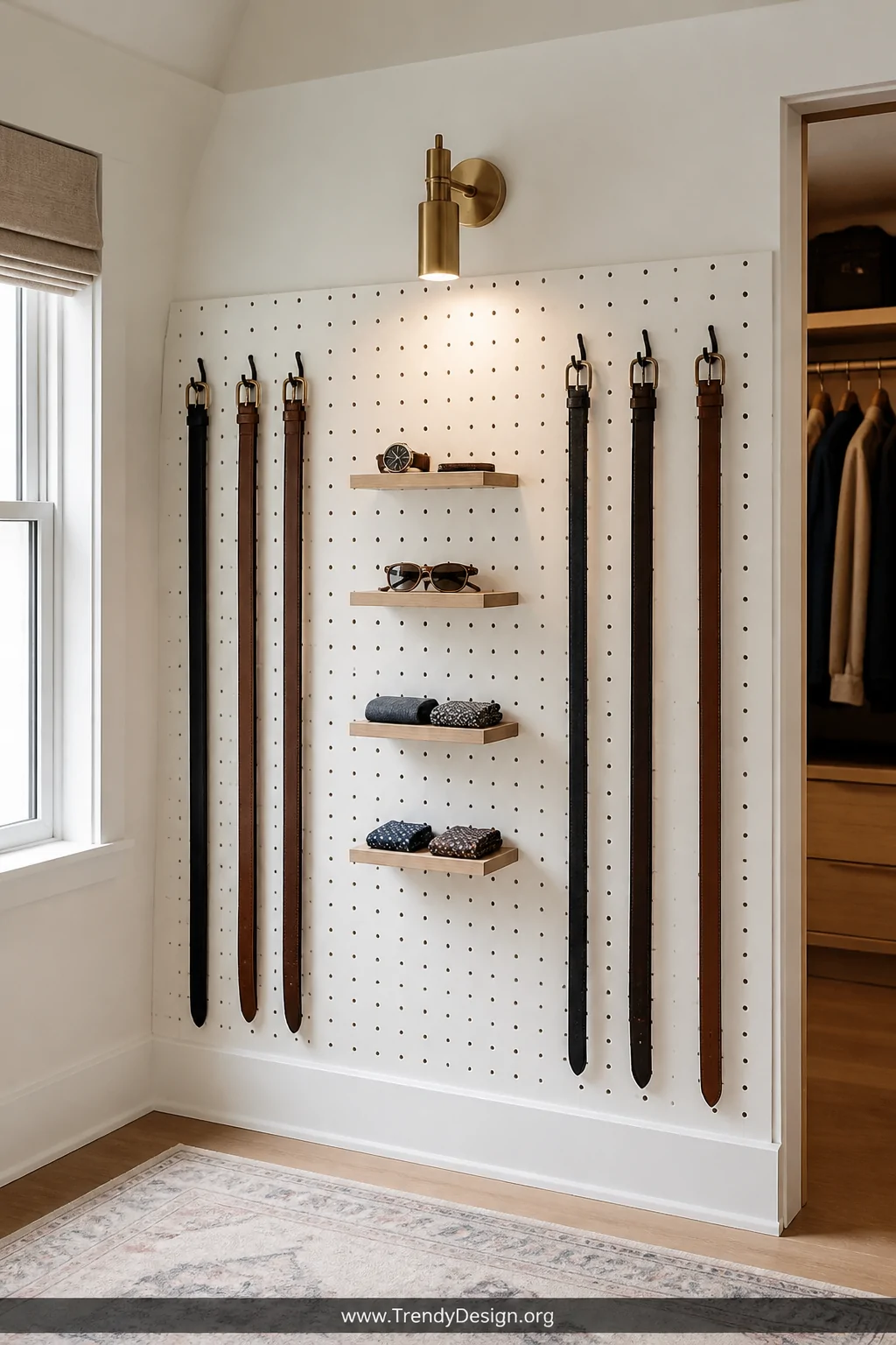 A wide shot of a white-painted pegboard wall system inside a bright dressing room, S-hooks holding an assortment of belts in 