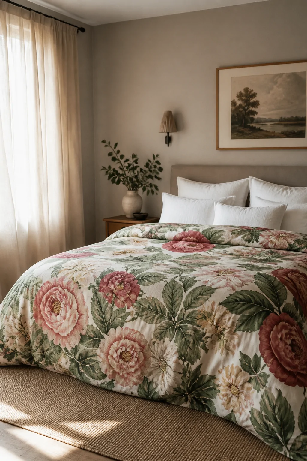 Wide room shot of a beautifully styled bed dressed in a bold vintage botanical duvet featuring oversized roses and peonies in
