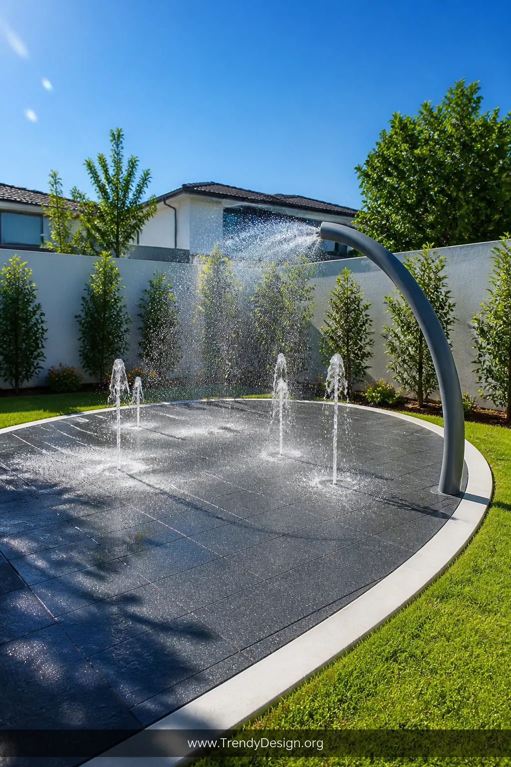 Wide photorealistic shot of a backyard splash pad on a sunny day, featuring ground-level water jets and a curved sprinkler ar
