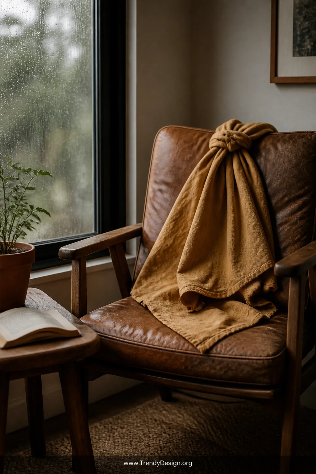 A medium shot of a worn leather reading chair beside a rain-streaked window where a lightweight natural linen blanket in warm