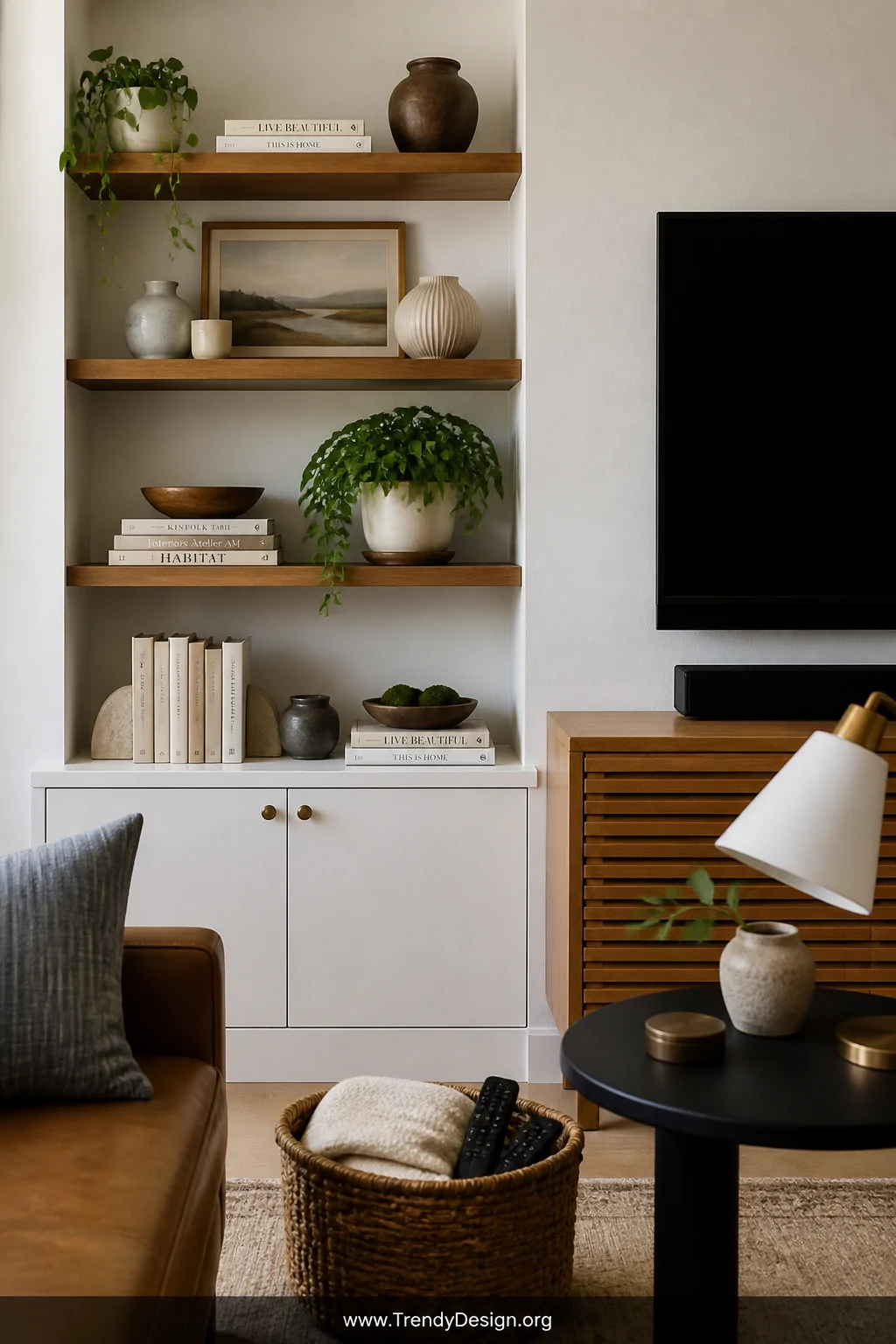 Detail and medium photorealistic shot of a small living room shelf and side table vignette showcasing intentional curation, a