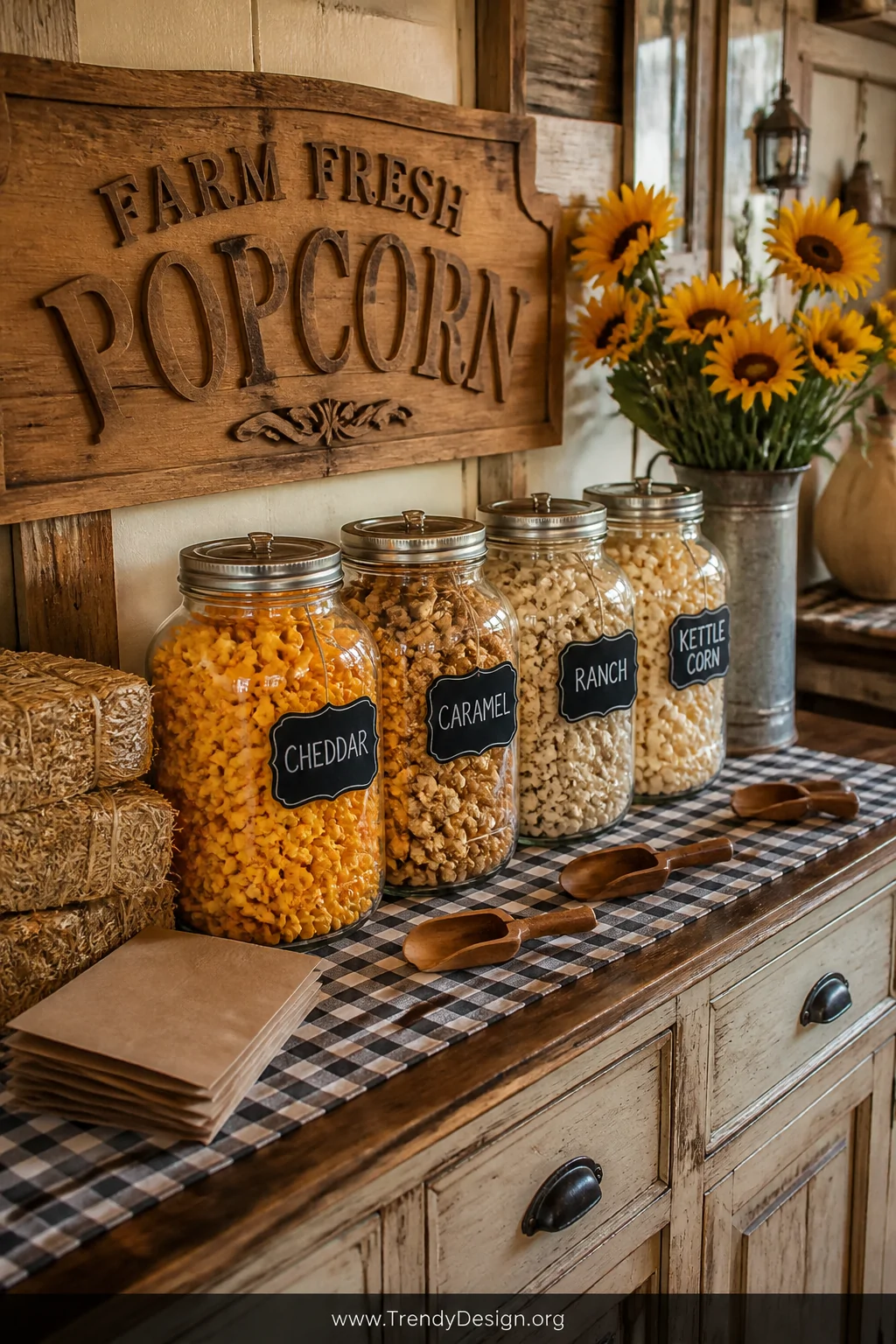 A wide room shot of a styled farmhouse snack station featuring a row of large mason jars filled with cheddar, caramel, ranch,