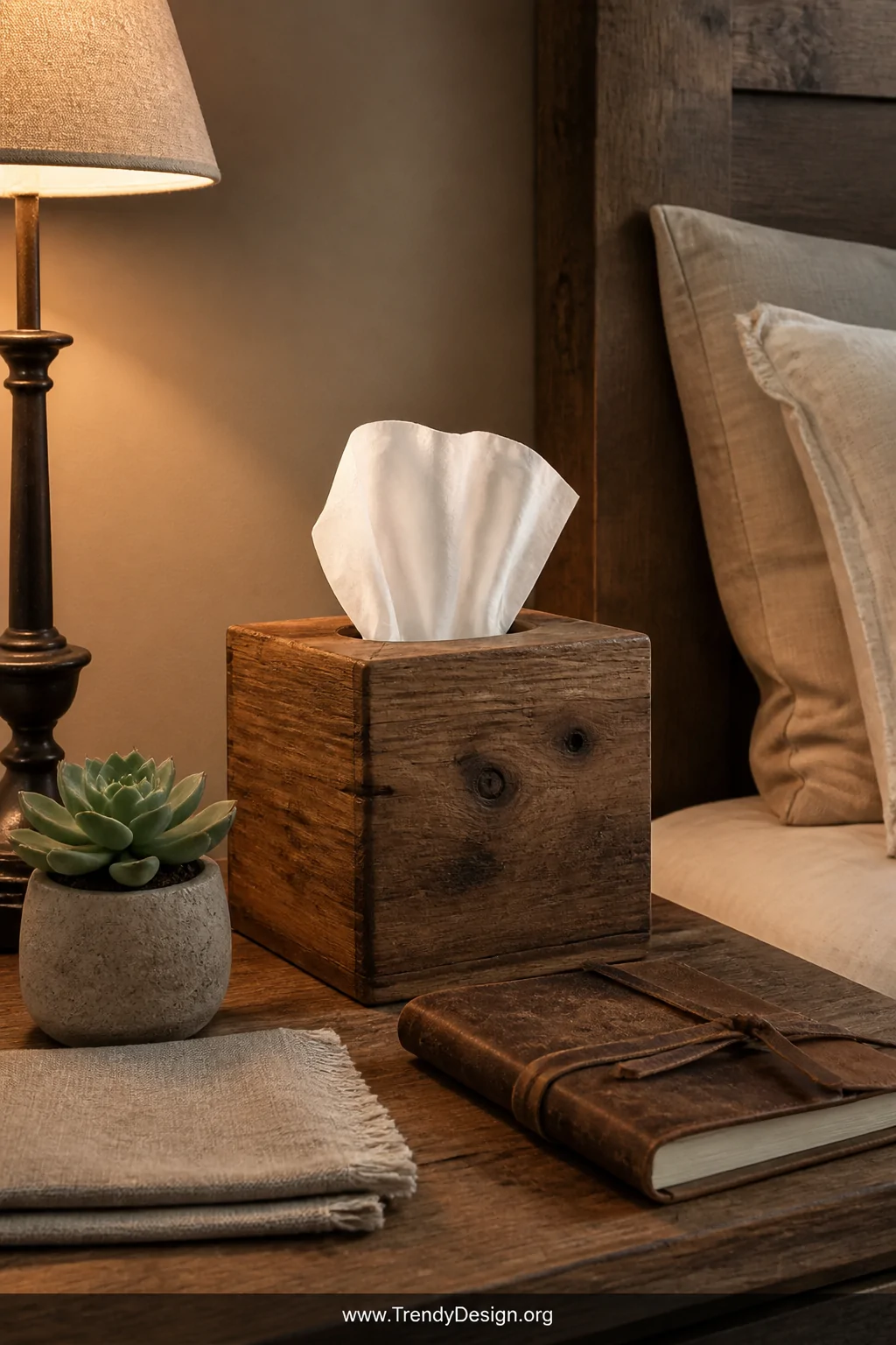 A wide shot of a cozy rustic bedroom nightstand scene featuring a reclaimed wood tissue box cover with visible natural grain 