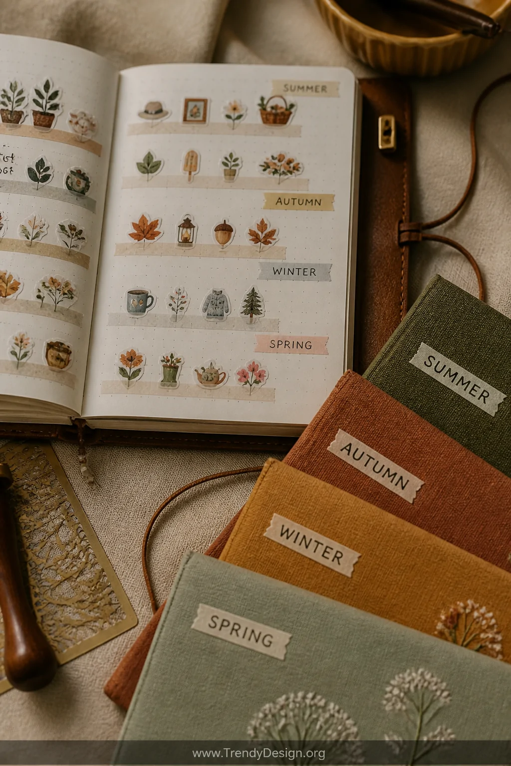 A close-up detail shot of an open traveler's notebook lying flat on a linen textured surface, dot-grid pages covered in neat 