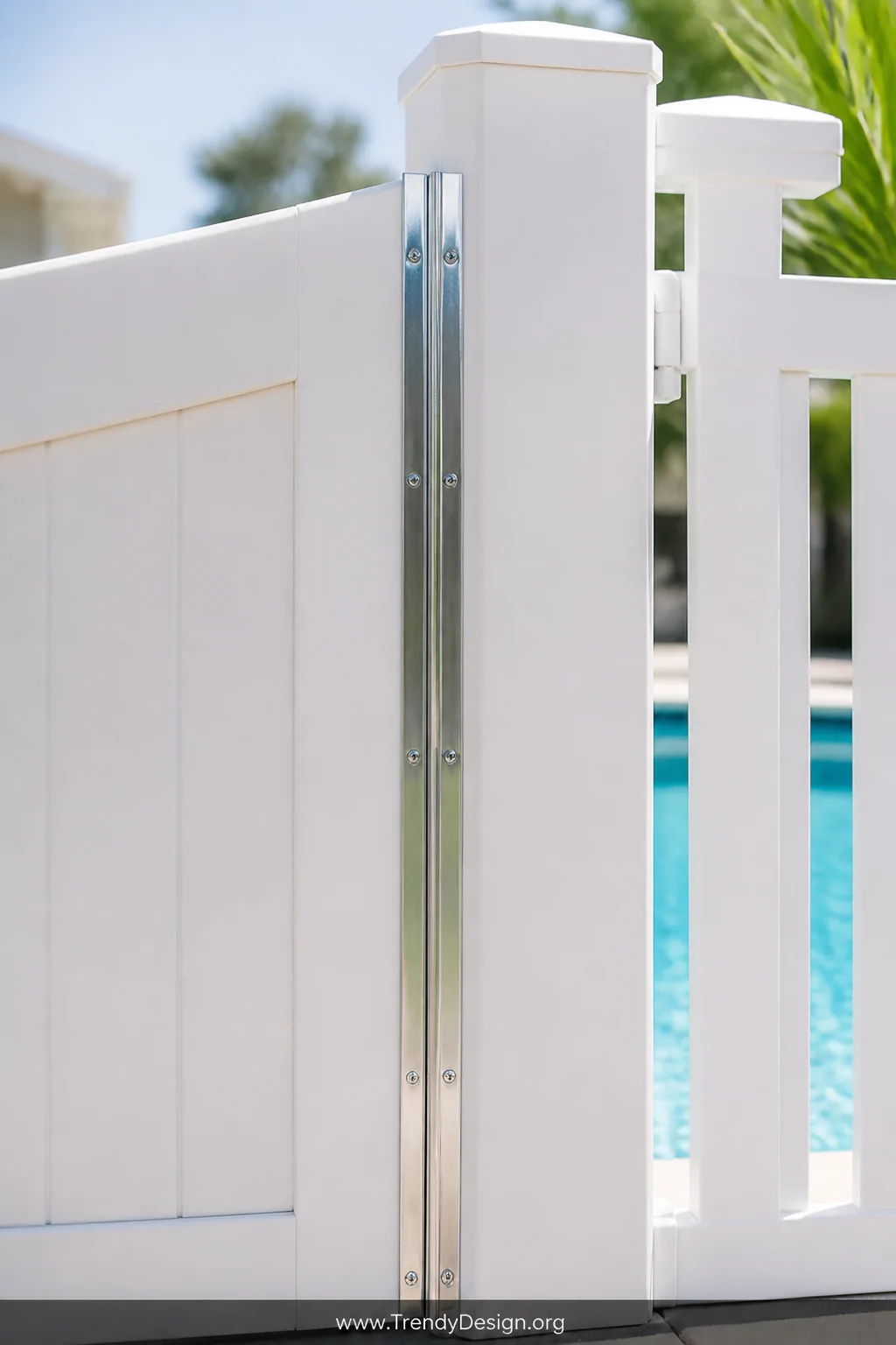Medium shot of a pool-area white vinyl fence gate with silver magnetic seal strips installed on both the gate edge and the ad