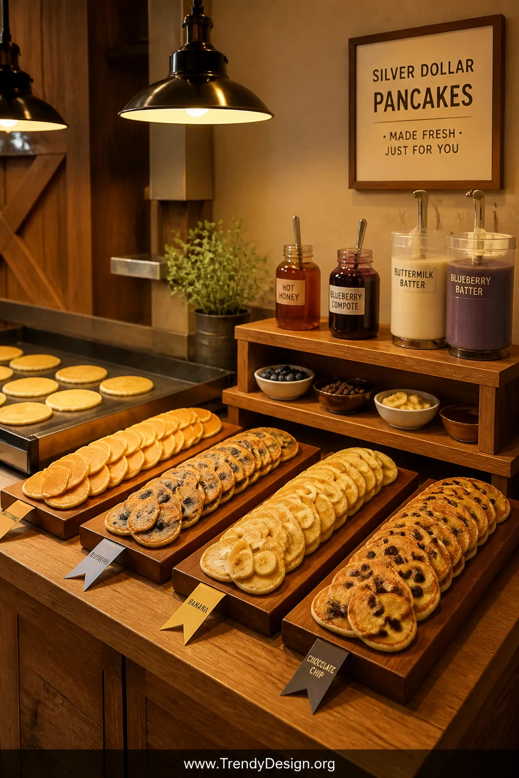 Medium shot of a warm wooden griddle station with rows of golden silver-dollar pancakes in buttermilk, blueberry, banana, and