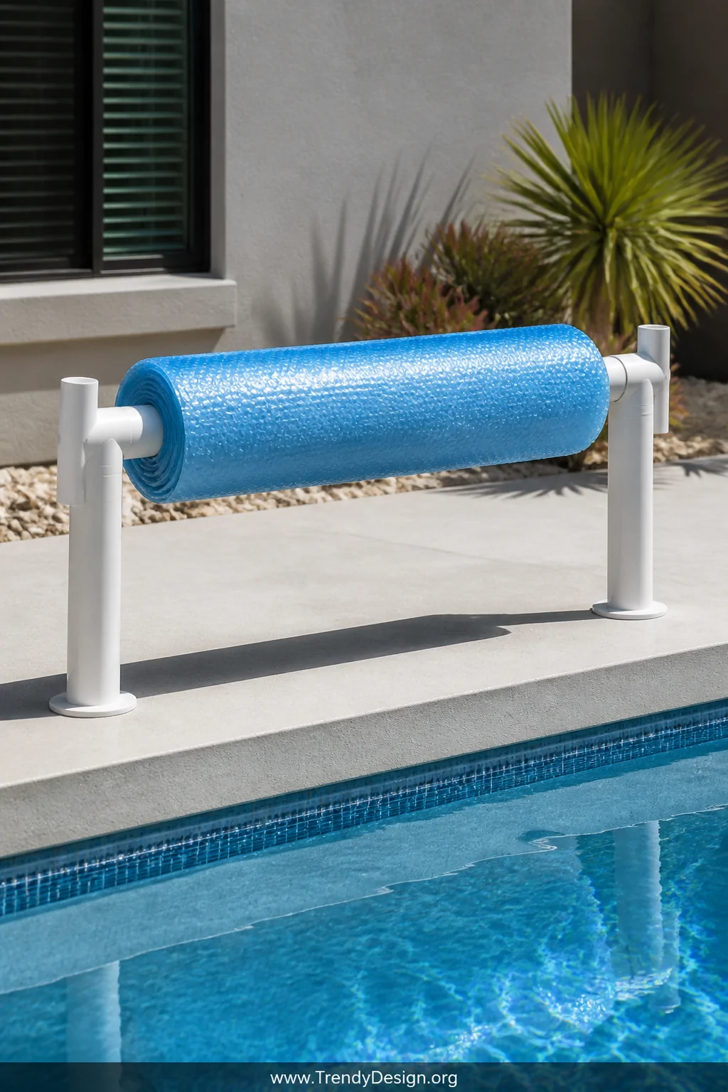A medium detail shot of a clean DIY roller system mounted on two upright white PVC posts beside a pool, with a shiny bubbly s